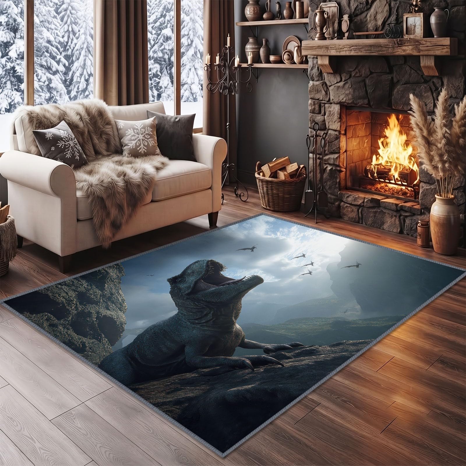 Tappeto per soggiorno con film 160 x 230 cm, animale T Rex lavabile in lavatrice, tappeto antiscivolo, design moderno, tappeto a pelo basso stampato per sala giochi per bambini e animali domestici