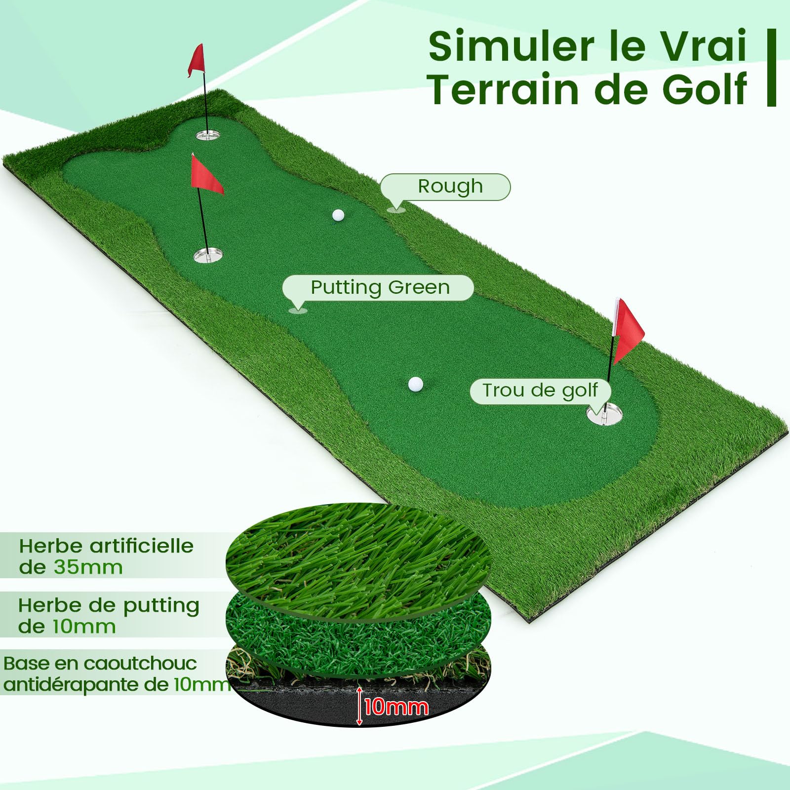 GOPLUS - Alfombra de Golf para Putting (3 x 1 m), Gran Alfombra de Entrenamiento de Golf, 3 Agujeros, 3 Copas y Banderas de Ayuda al Entrenamiento, Interior Exterior
