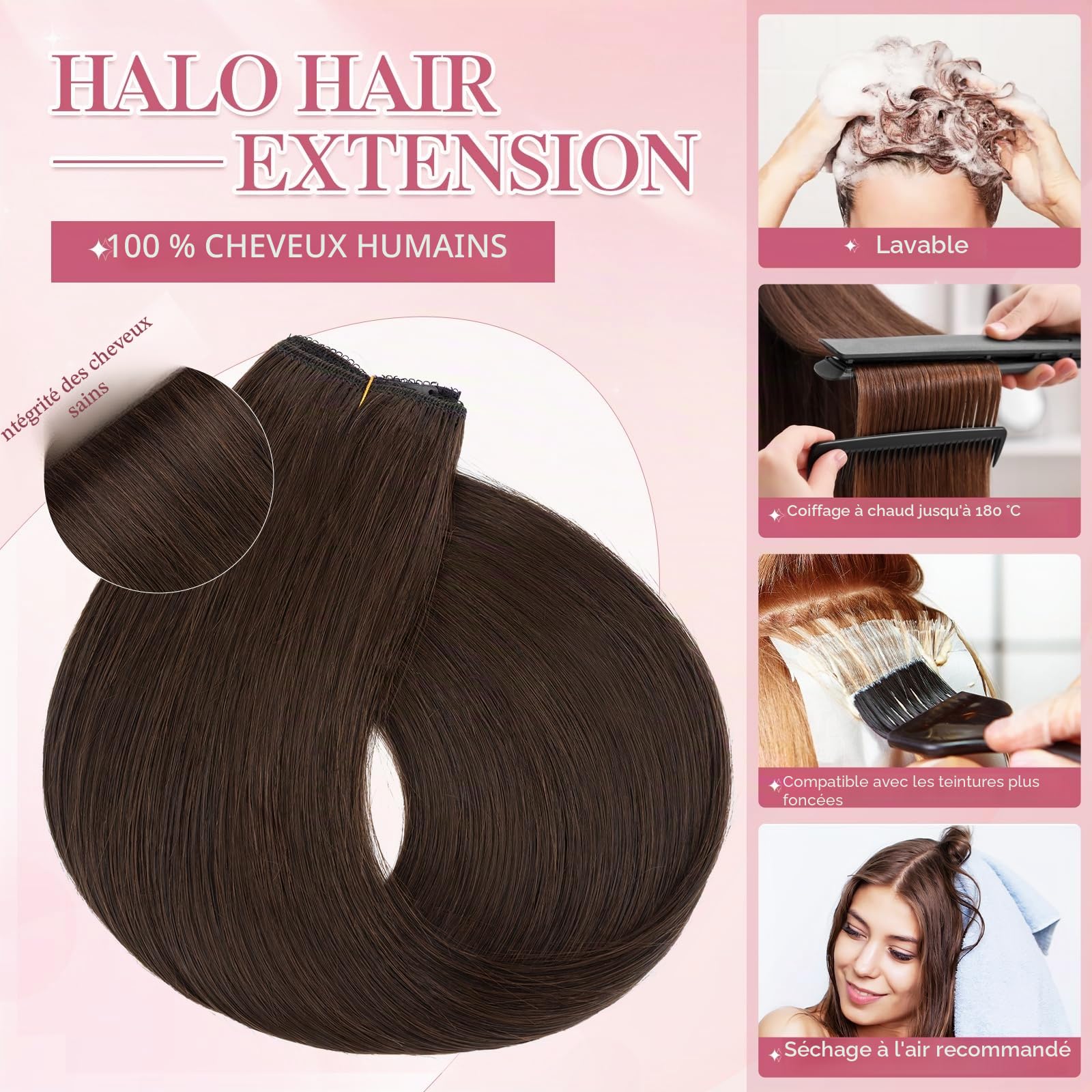 40cm Extension Cheveux Naturel Fil Invisible #2 Marron Foncé Une Bande Cheveux Humains Clip Secrets Wire Hair Extensions Rajout Postiche pour Femme (65g)