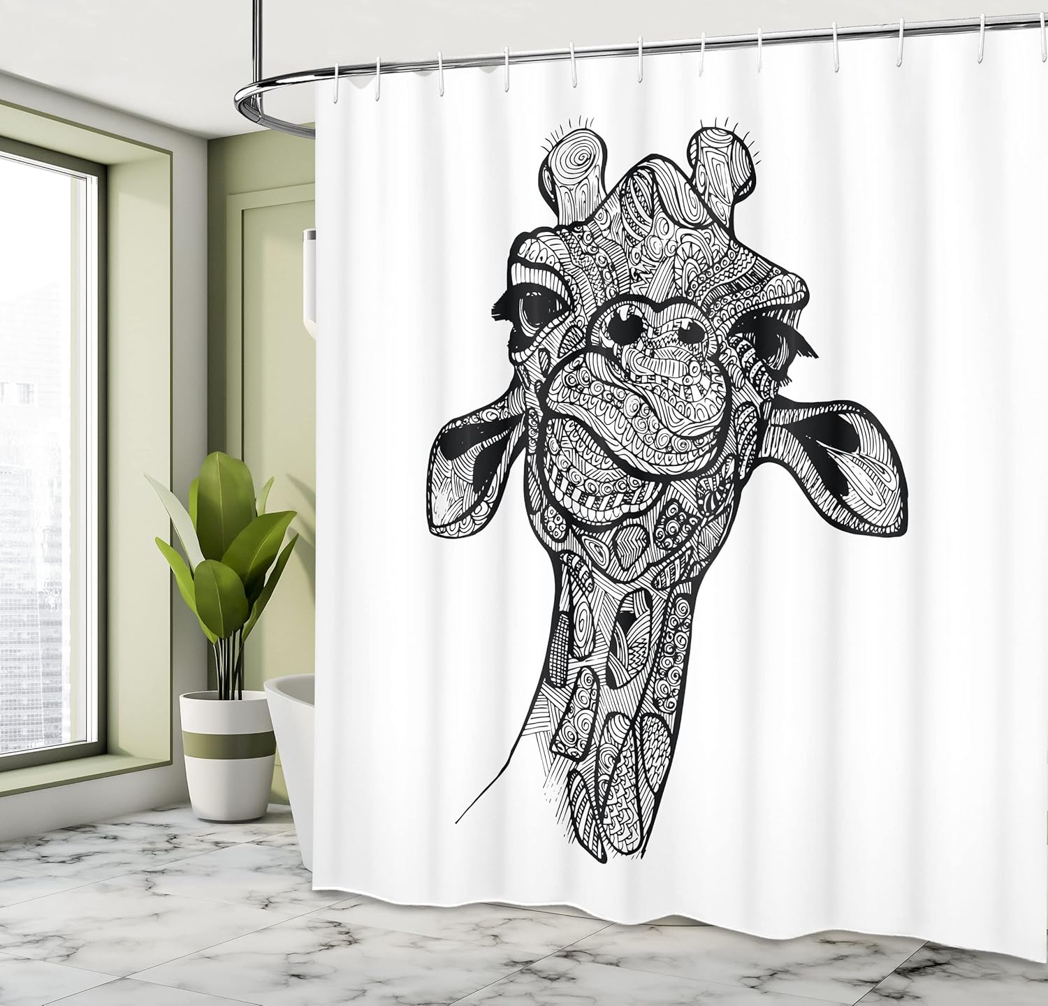 Lunarable Giraffe Shower Curtain, Line Patterned Funny Animal Geometrical Circles and Swirls Design Monochrome, Cloth Fabric Bathroom Decor Set with Hooks, 69" W x 70" L, White