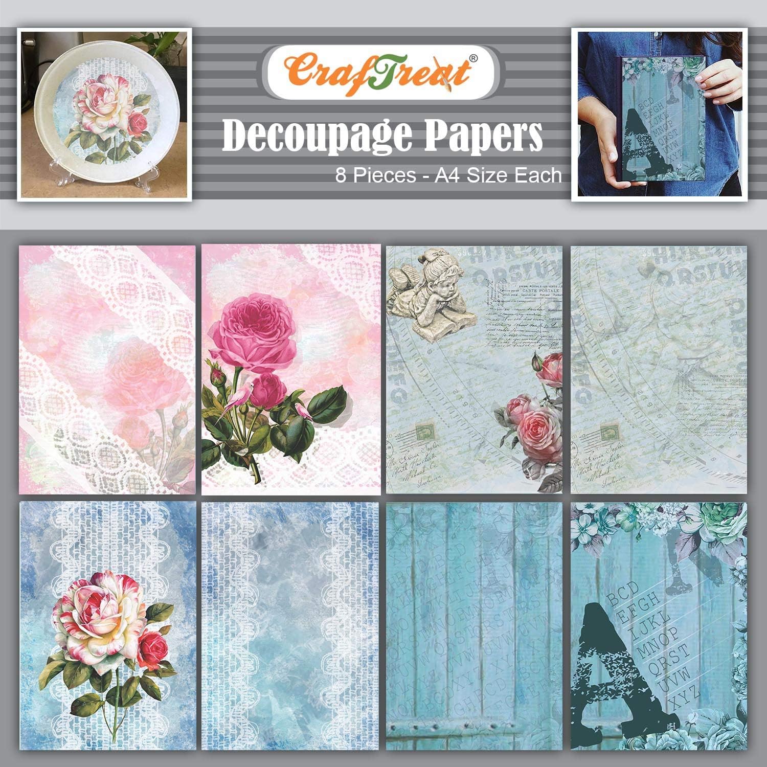 CrafTreat Lace Decoupage Paper for Crafts - Rose Lace and Alphabet - Size: A4 (8.3 x 11.7 Inch) 8 Pcs - Furniture Decoupage Paper Words - Decoupage Paper for Scrapbooking