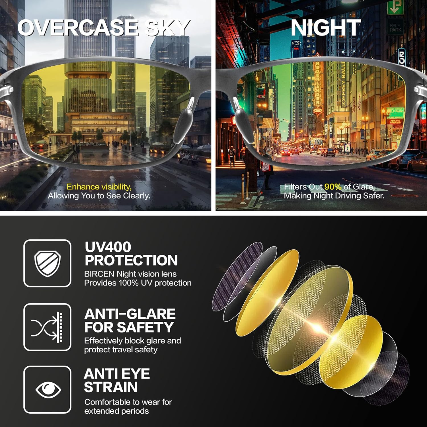 Bircen Night Vision Glasses for Driving: Al-Mg Metal Yellow Anti-Glare Night Glasses Reduce Eye Strain for Drivers Rain Snow - Image 3