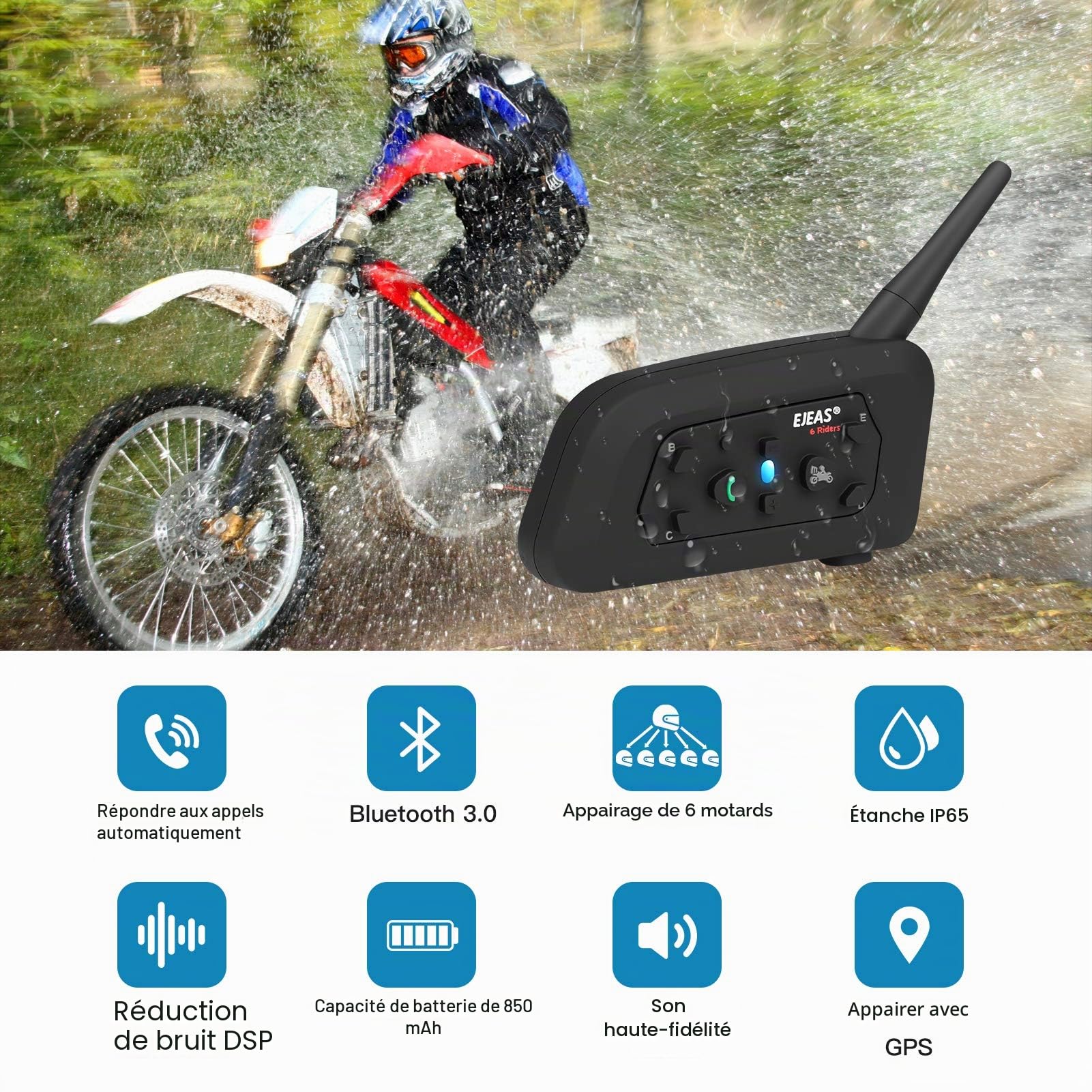 EJEAS V6 Pro Intercom Moto, L'interphone de Casque de Moto Bluetooth Peut Connecter 6 Coureurs pour l'équitation, Le Ski et l'alpinisme. (1 Paquet)