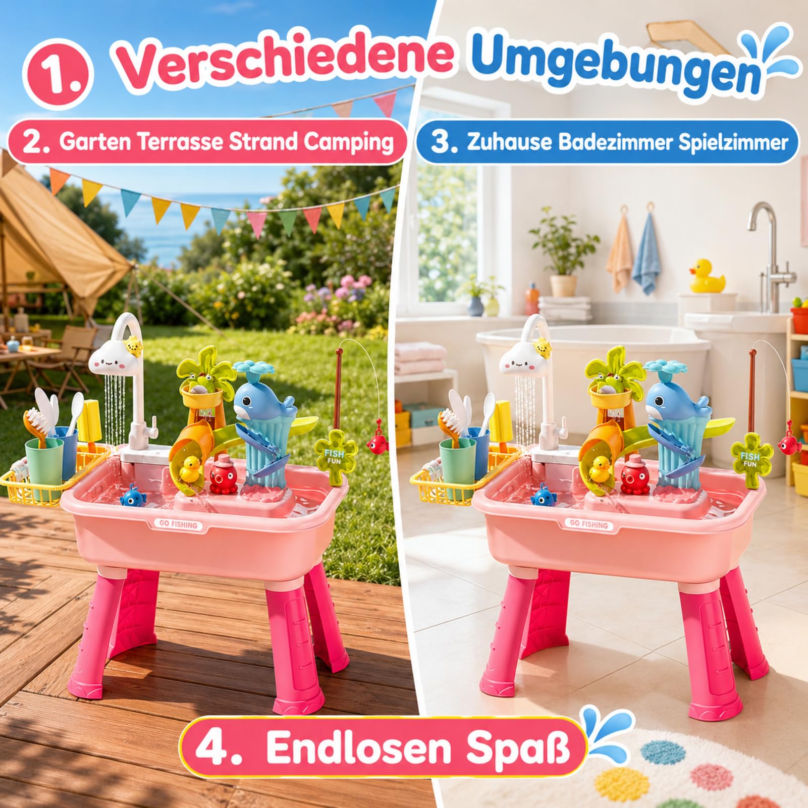 4-in-1 Spielspüle - Wassertisch Mit Pumpe Und Fließendem Wasser | Sand Und Wasser Spielzeug | Angelspiel Vergnügen | Für Kinder 4-8 Jahre Garten Terrasse Badezimmer