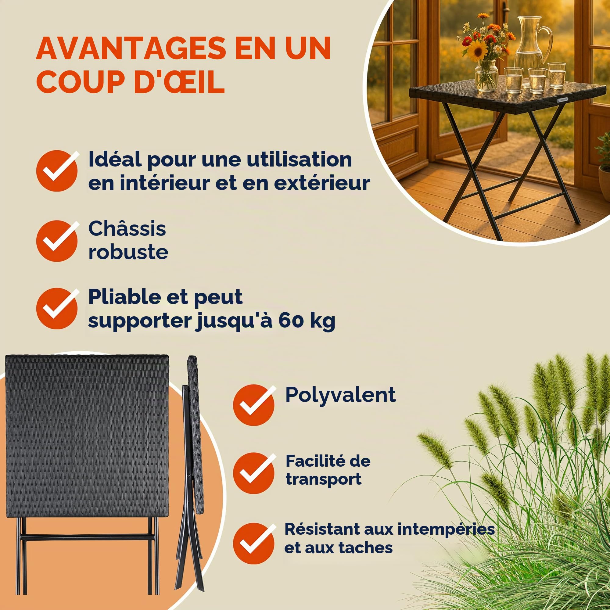 Casaria Table Pliante polyrotin 65x65x75cm Jardin Balcon terrasse Extérieur Table de Camping