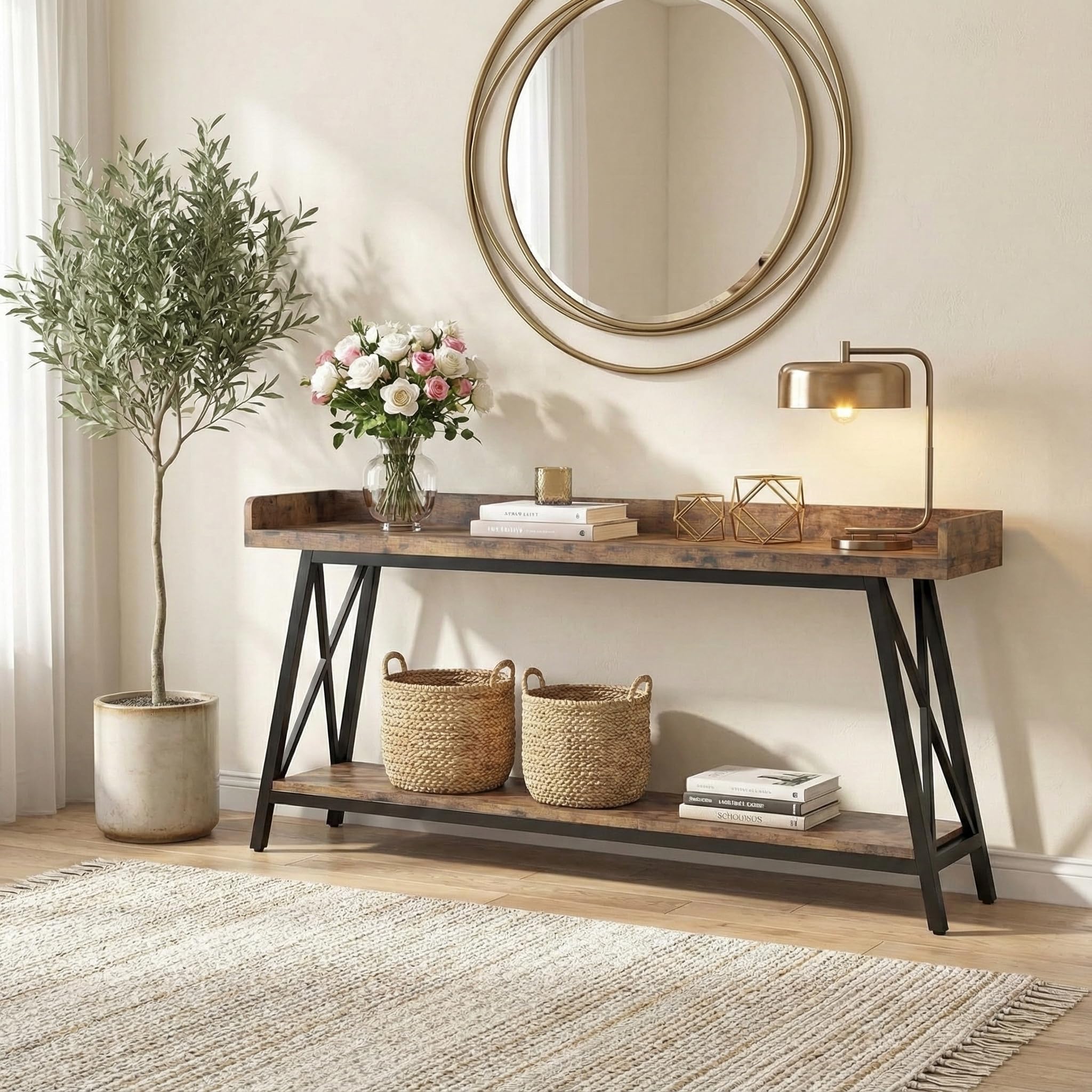 Lailang 180cm Mesa de Entrada, Mueble Recibidor Entrada, Consola de Entrada, Mesa Madera, Mesas Auxiliares Salon, Mueble Pasillo Estrecho, 180 x 46 x 20 cm, Marrón Rústico