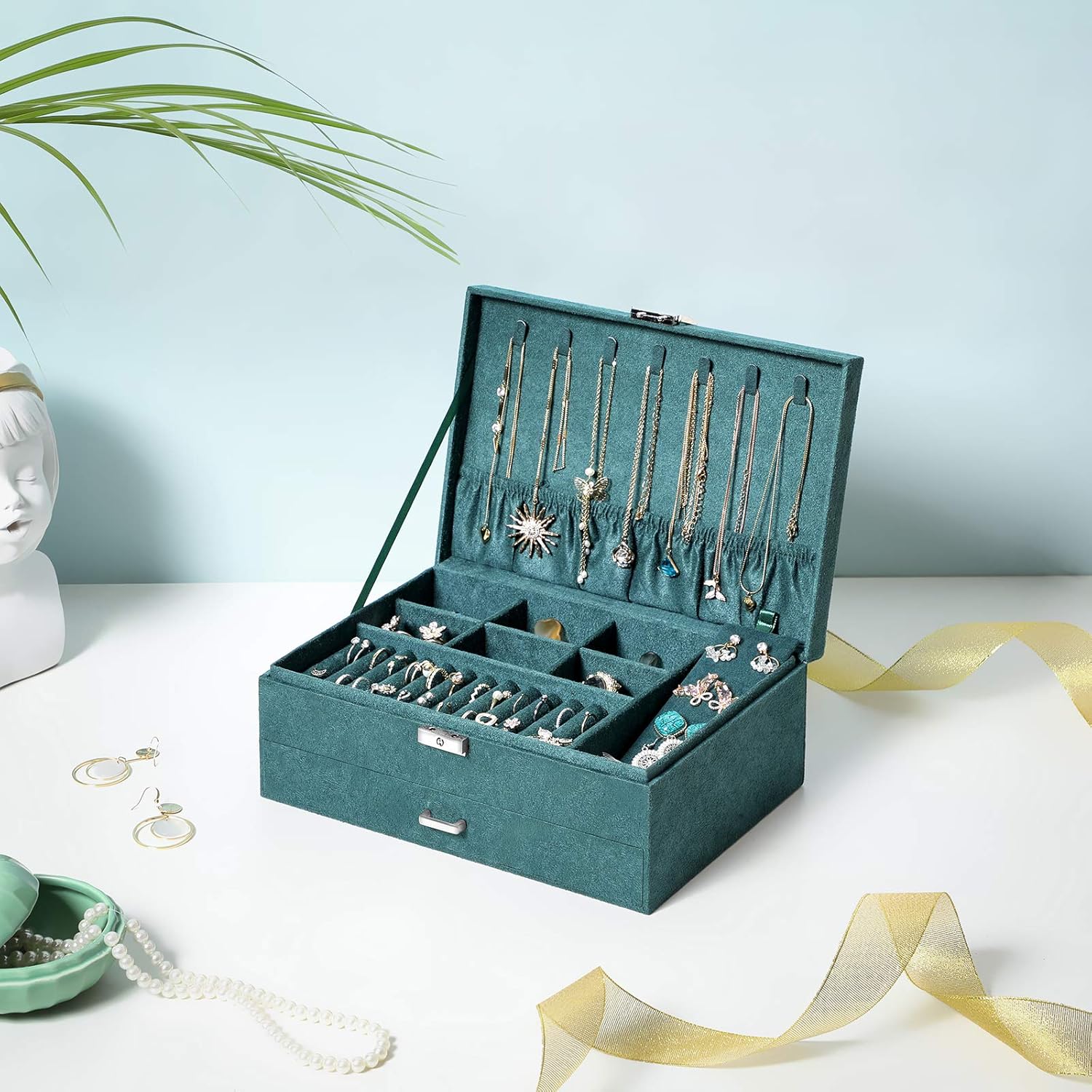 SONGMICS 2-Tier Jewelry Case with Drawer, Key, Necklace Hooks, Ring Rolls, Stud Panel, Storage Slots, Green: Furniture & Decor