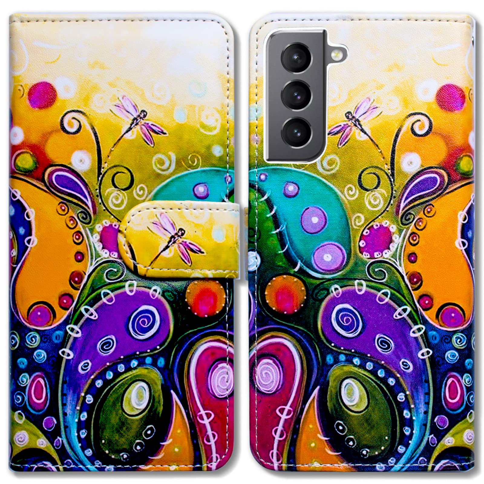 Bcov Case for Galaxy S22, Colorful Dragonfly Leather Flip Phone Case Wallet Cover with Card Slot Holder Kickstand for Samsung Galaxy S22 5G