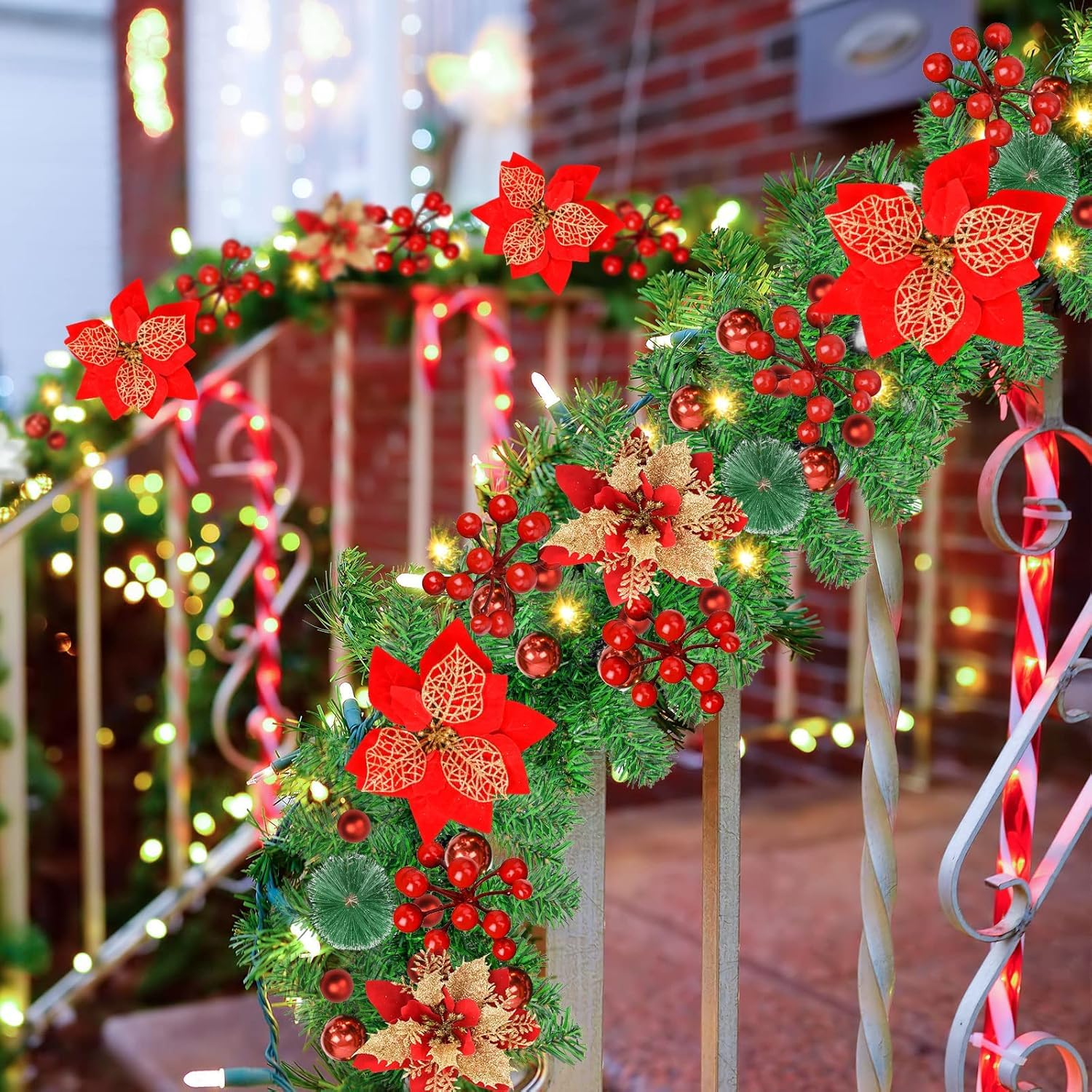 Guirnalda de Navidad 2,7M, 5M 30LEDs Guirnaldas Navideñas con Luces, Rojo Flores y Bolas, decoración navideña para Puertas, Ventanas, chimeneas, escaleras, Patio, Interior y Exterior