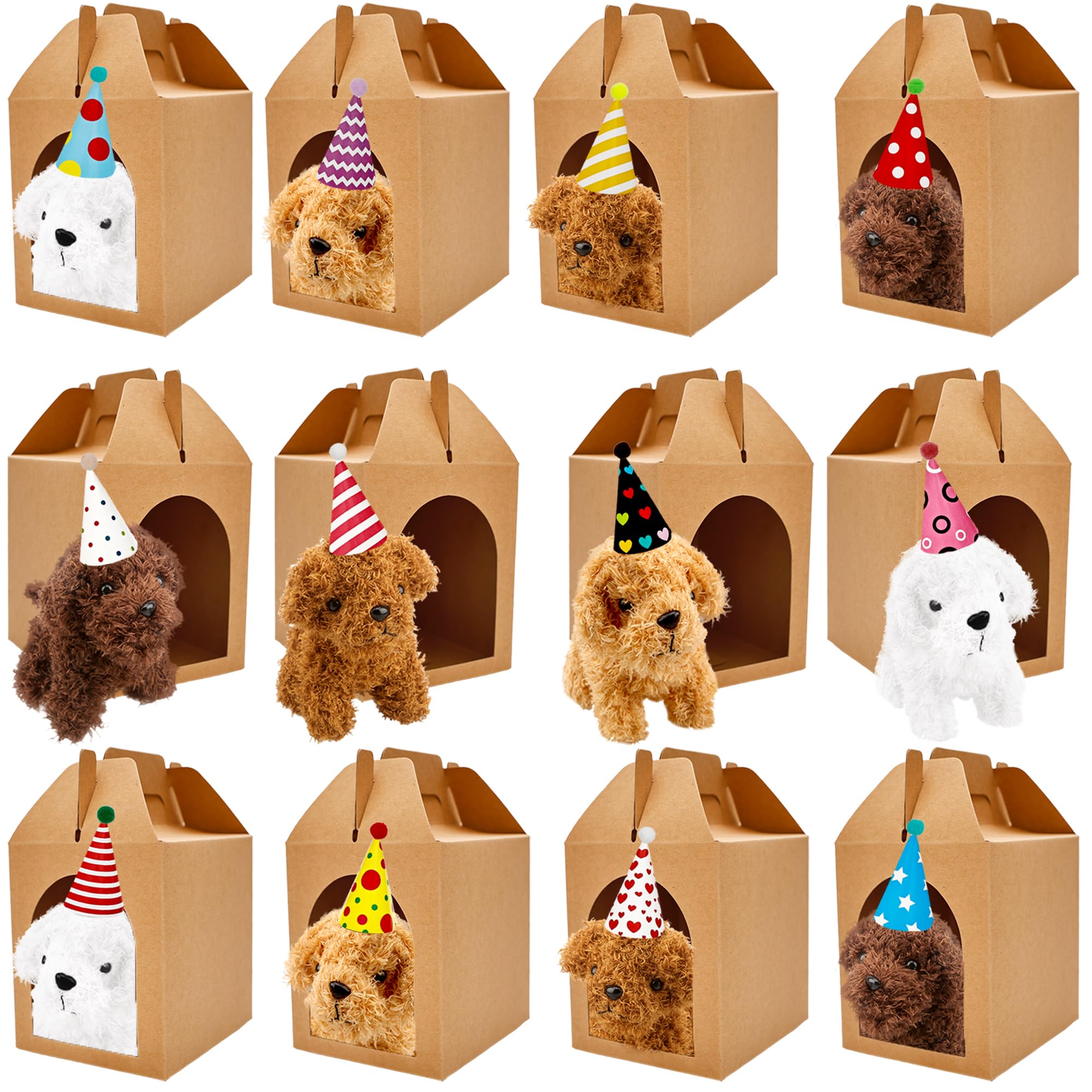 Haconba Juego de 12 recuerdos de fiesta de perro de peluche con 12 mini animales de peluche de peluche, 12 sombreros de cumpleaños y 12 cajas de papel kraft para adoptar una mascota suministros de