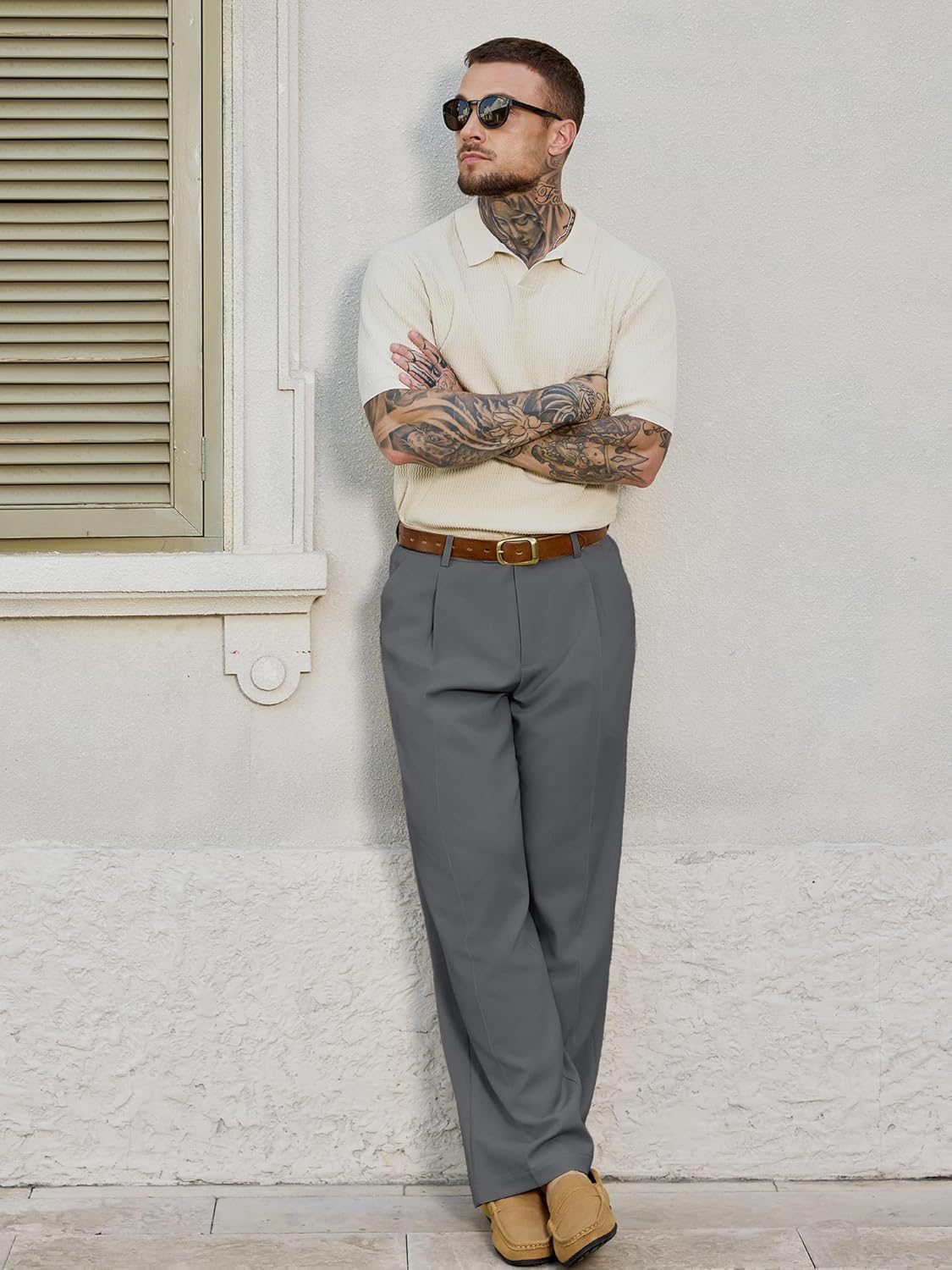 Comdecevis Men's Pleat-Front Dress Pants 30" 32" Relaxed Fit Wrinkle-Free Trousers for Men - Image 5