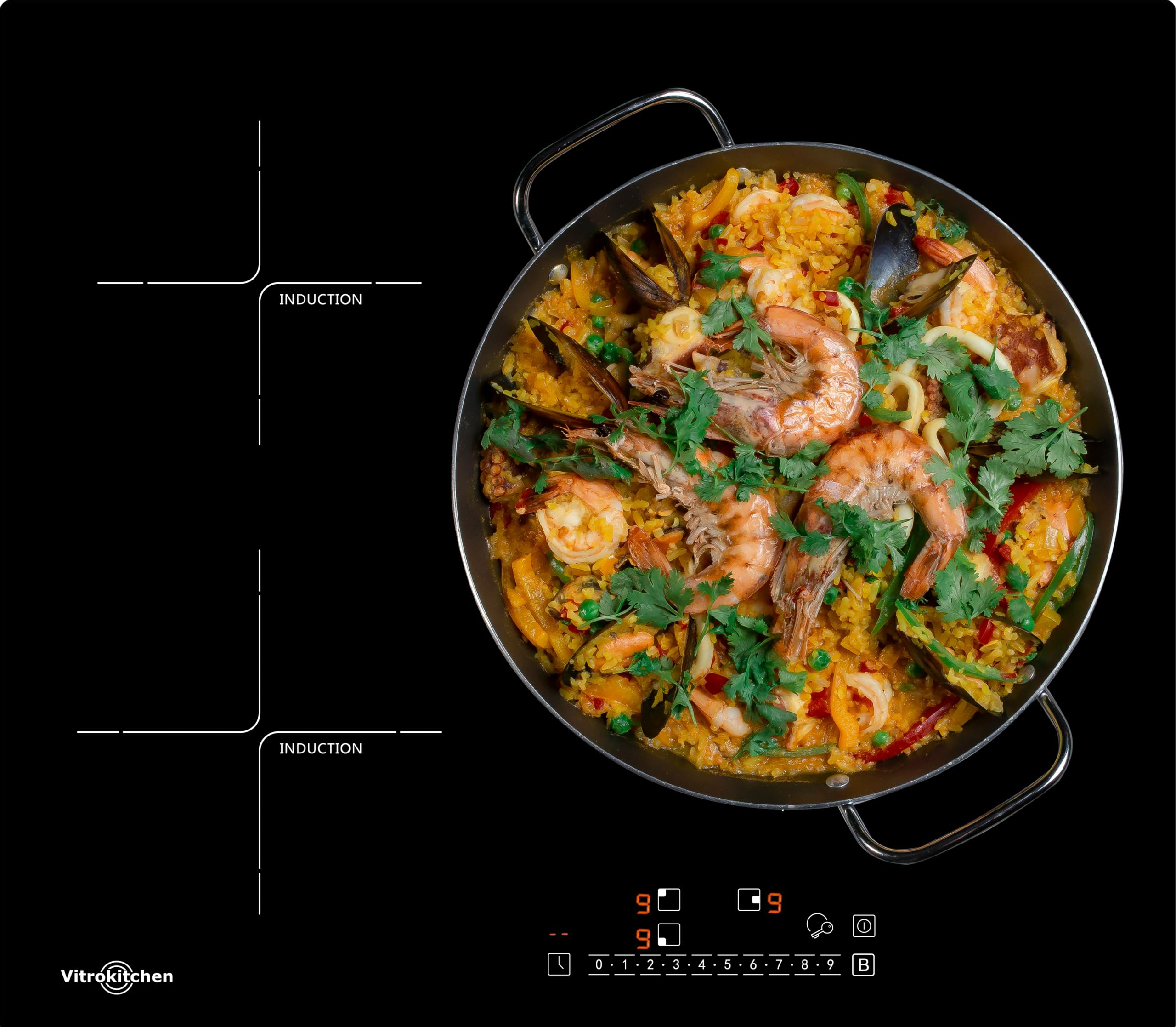 Vitrokitchen Placa de Inducción 3 Fuegos 60cm IND630N, Zona EXTRA GRANDE 32cm, 3 zonas, 9 Niveles de Potencia, 7000W, Indicador Calor Residual, Bloqueo de Seguridad Niños.