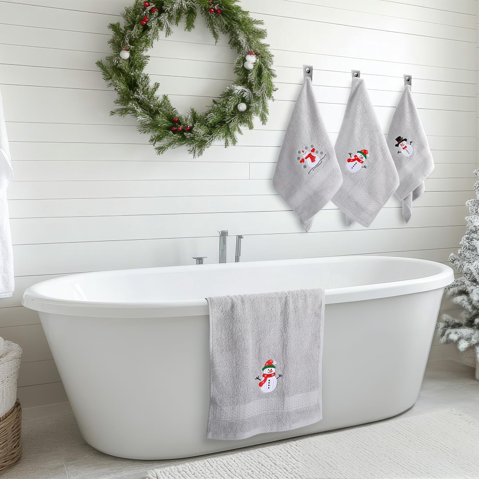 SmoothNovelty 3 asciugamani natalizi con pupazzo di neve per il bagno, in cotone, ricamati, con pupazzo di neve, 33,8 x 74,9 cm, per bagno, doccia, decorazione natalizia per l'inaugurazione della casa