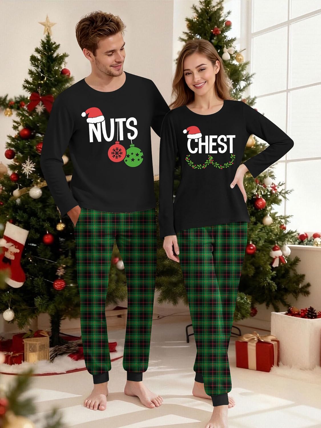 Couple Christmas Pajamas Chest Nuts Christmas T Shirt Matching Sets Women Clothing Xmas Sleepwear for Women Her Girlfriend Black XL - Image 4