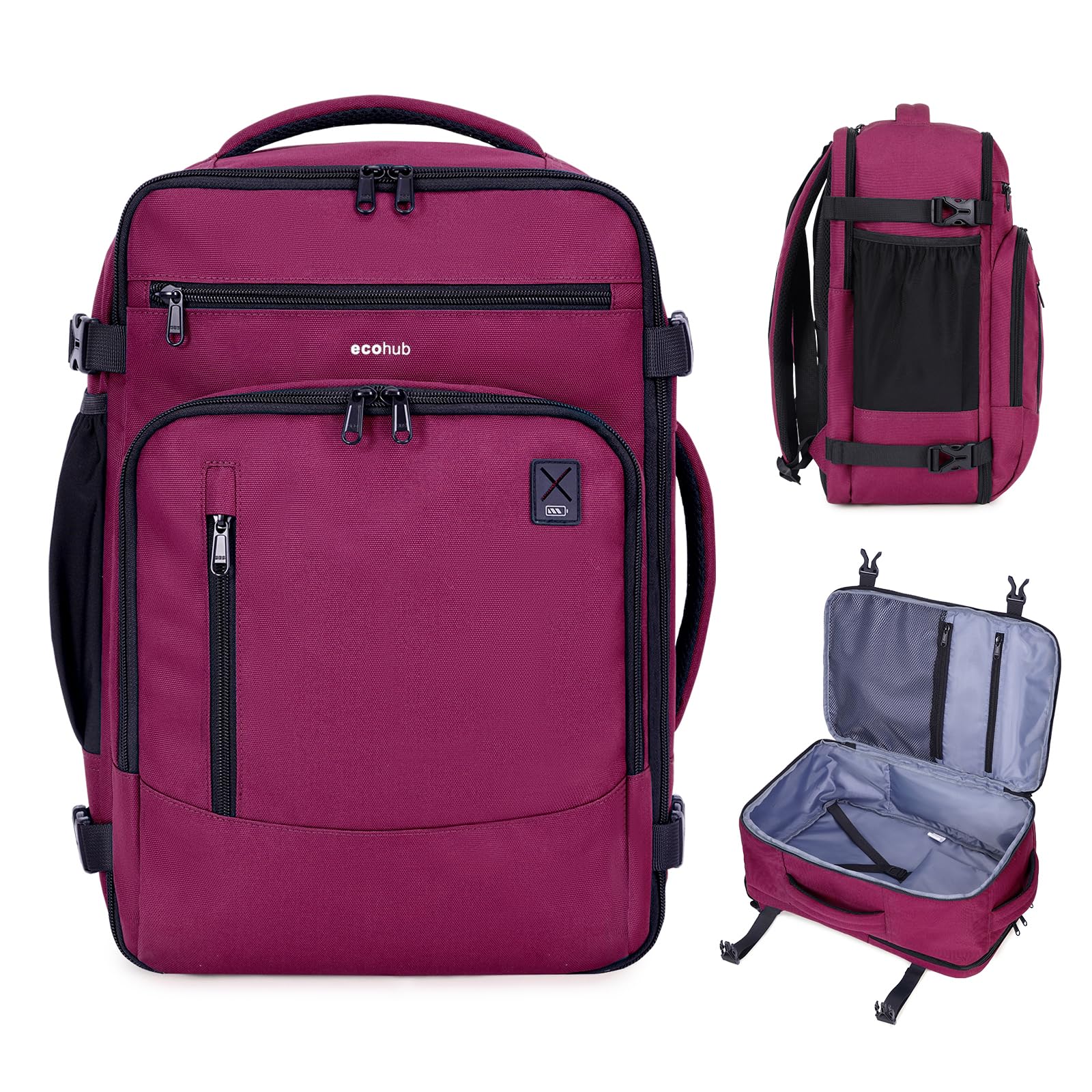 ECOHUB 17" Travel Backpack for Women, 25L Carry on Luggage for Airplanes, Personal Item Bag with 16 Pockets, Water Resistant Rucksacks Fit 15.6" Laptop, Casual Daypack, Red