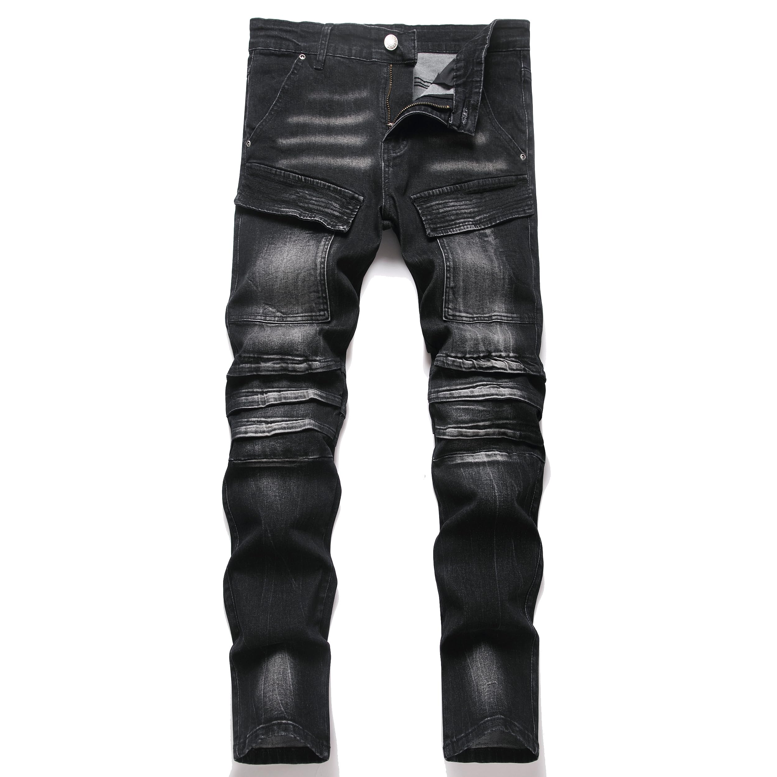 Men's Biker Moto Washed Distressed Slim Fit Straight Jeans Denim