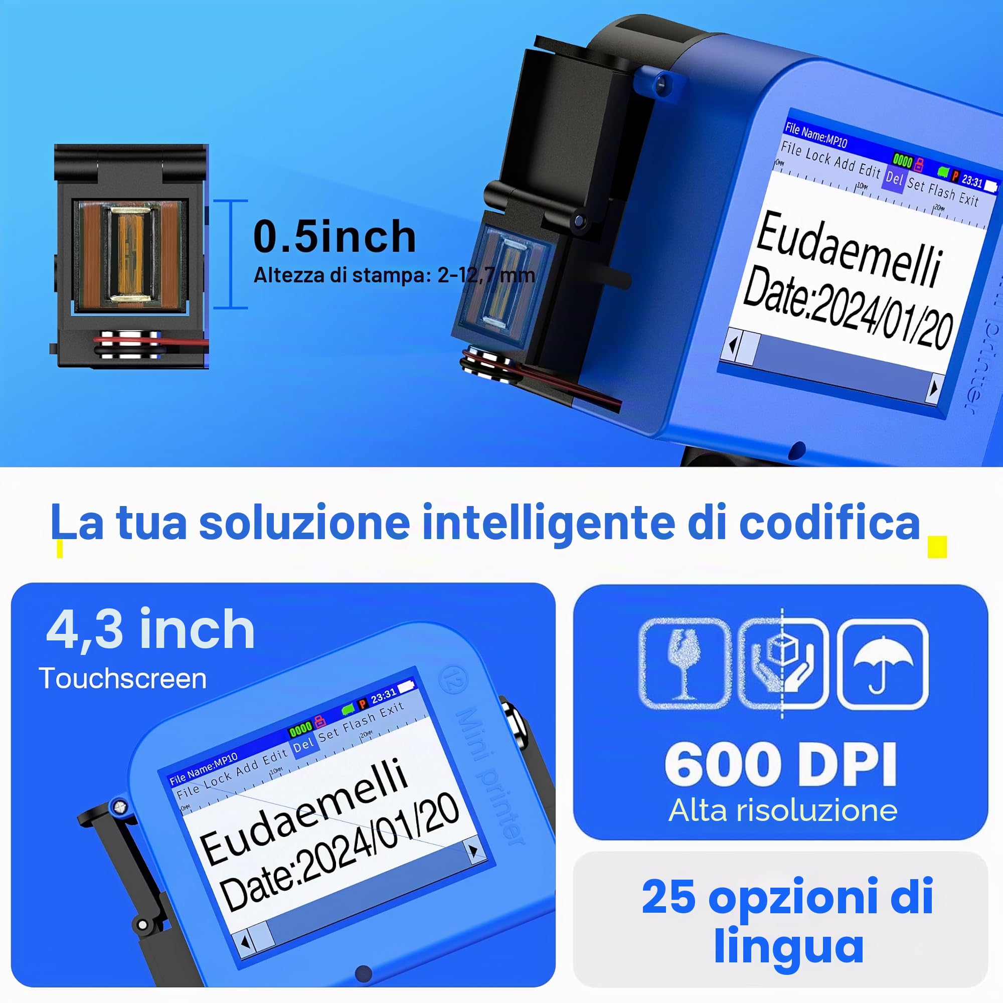 MINI127 Stampante Palmare Portatile,Stampante a Getto D'inchiostro Pollici per Logo/Immagine/Data di Produzione/Numeri/Lotto/Codice QR/Codice a Barre(Altezza di stampa 2-12,7 mm)