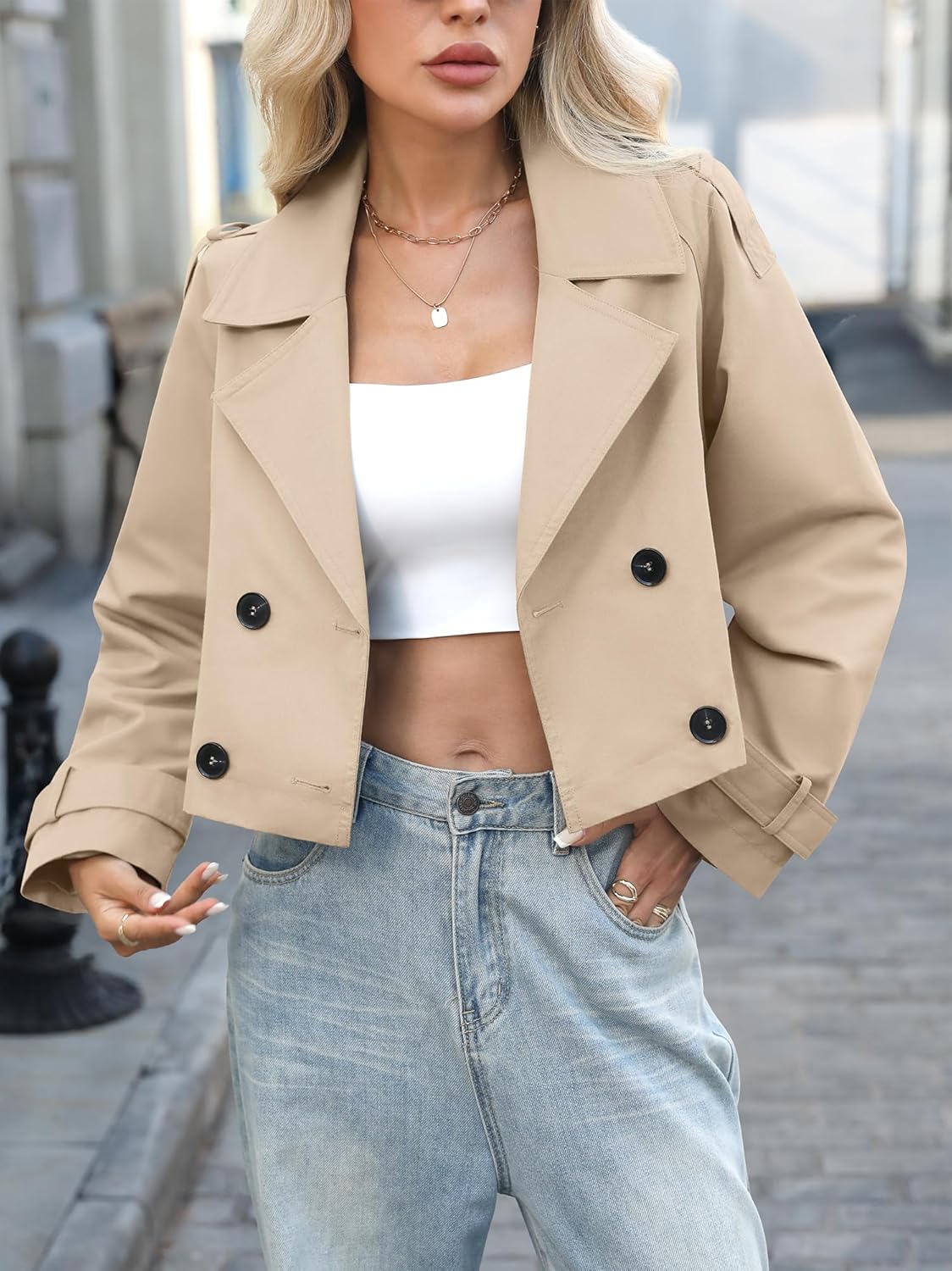 ELLEVEN Womens Cropped Trench Coat, Casual Double Breasted Short Jackets Long Sleeve Loose Fit Fall Coats Fashion Outwear - Image 3