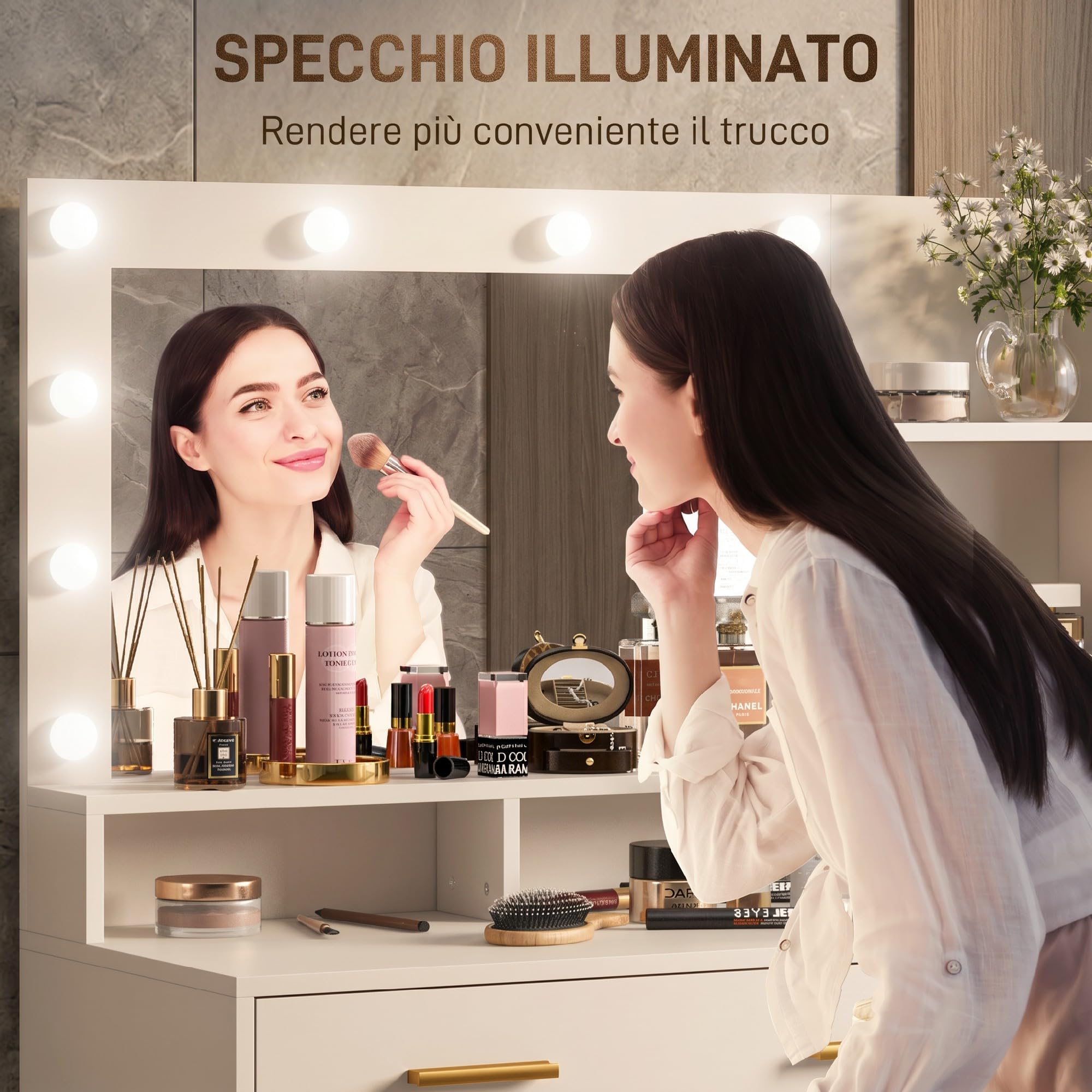 HOMCOM Postazione Trucco con Luci LED con 4 Cassetti 100x40x138 cm Bianco | Tavolo Toeletta Moderno, per Camera da Letto, 6 Ripiani Aperti, Specchio, Toeletta Trucco