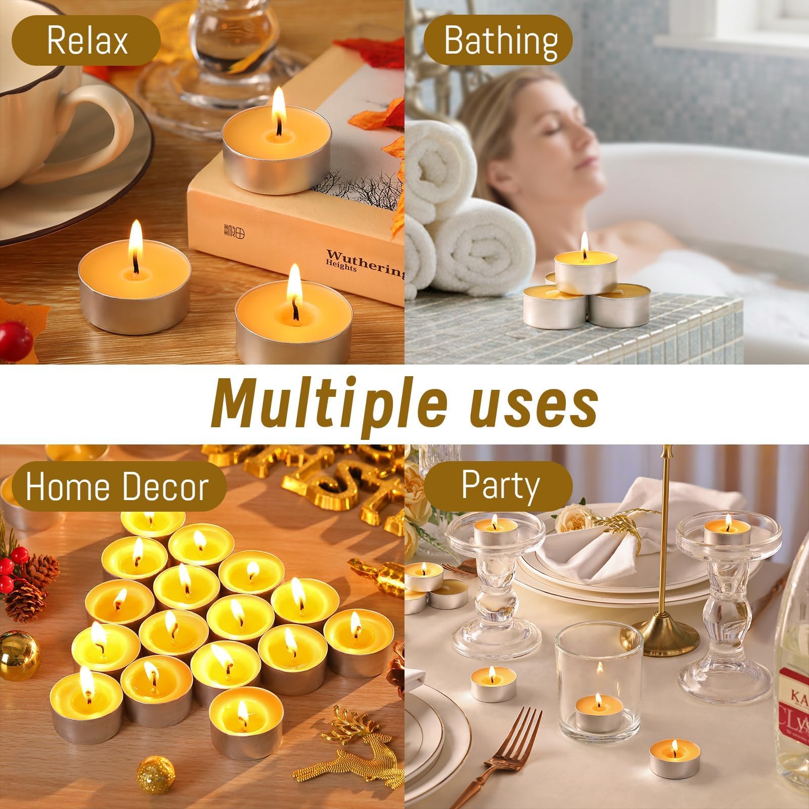 Lot de 50 bougies chauffe-plat en cire d'abeille, 100 % cire d'abeille, avec 6 heures de combustion, sans paraffine, naturelle, biologique, non parfumée, pour fête, dîner et décoration de