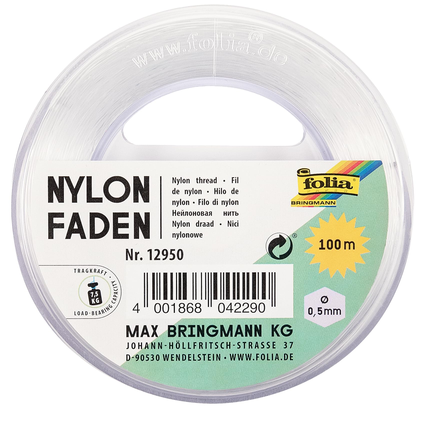 Folia Reel of Transparent Nylon Thread 0.50 Millimetres x 100 Metres - Load Capacity 7.5 kg