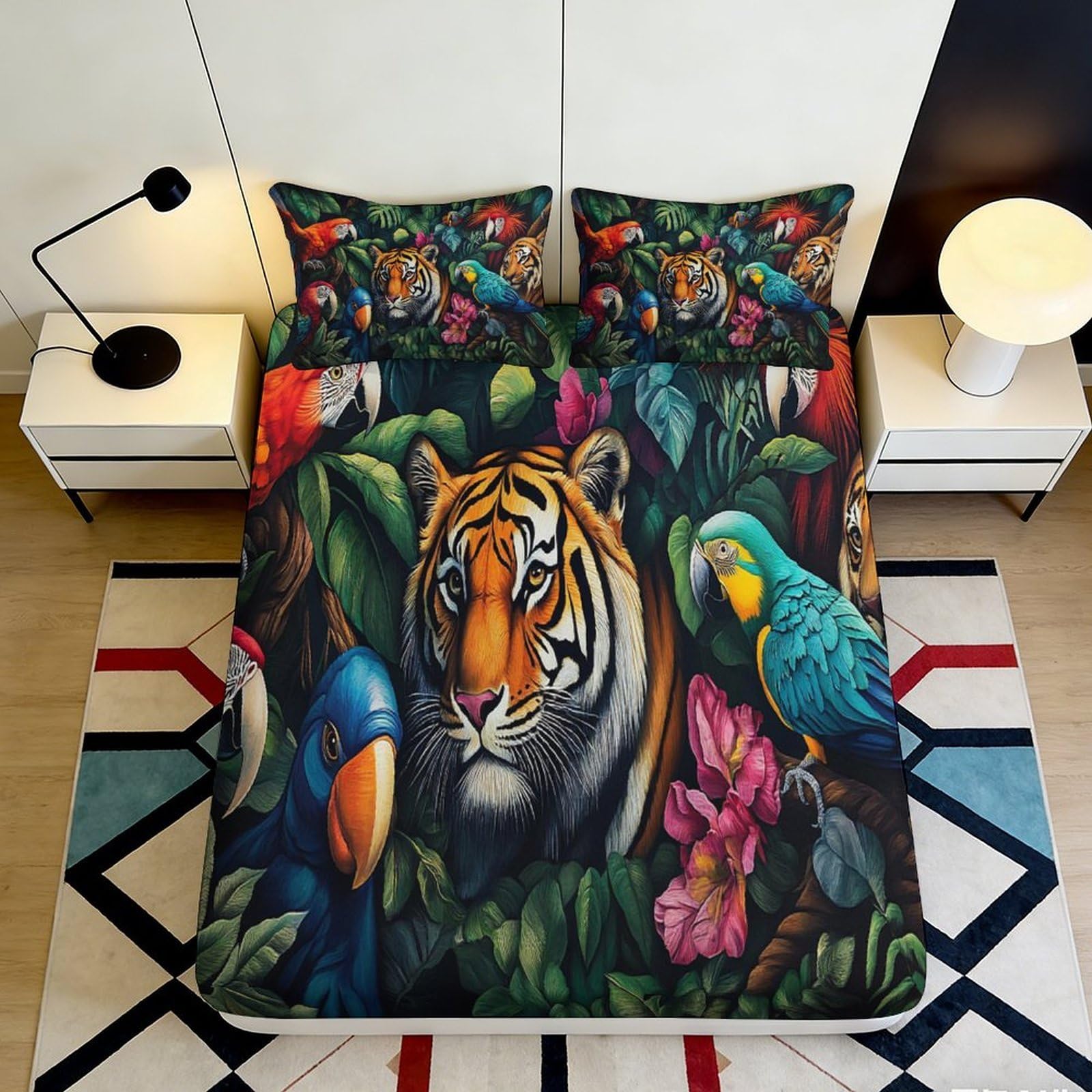 3D Printed Tropical Jungle Fitted Sheet Microfiber Deep Pocket Non-Slip Tiger Parrot Mattress Fitted Cover Bedding 200x200x25cm