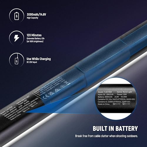 Miniatura 8 de NEEWER Tubo de luz TL60 RGB, 20 W a todo color RGBWW LED de iluminación de video para estudio, fotografía, grabación, transmisión, control