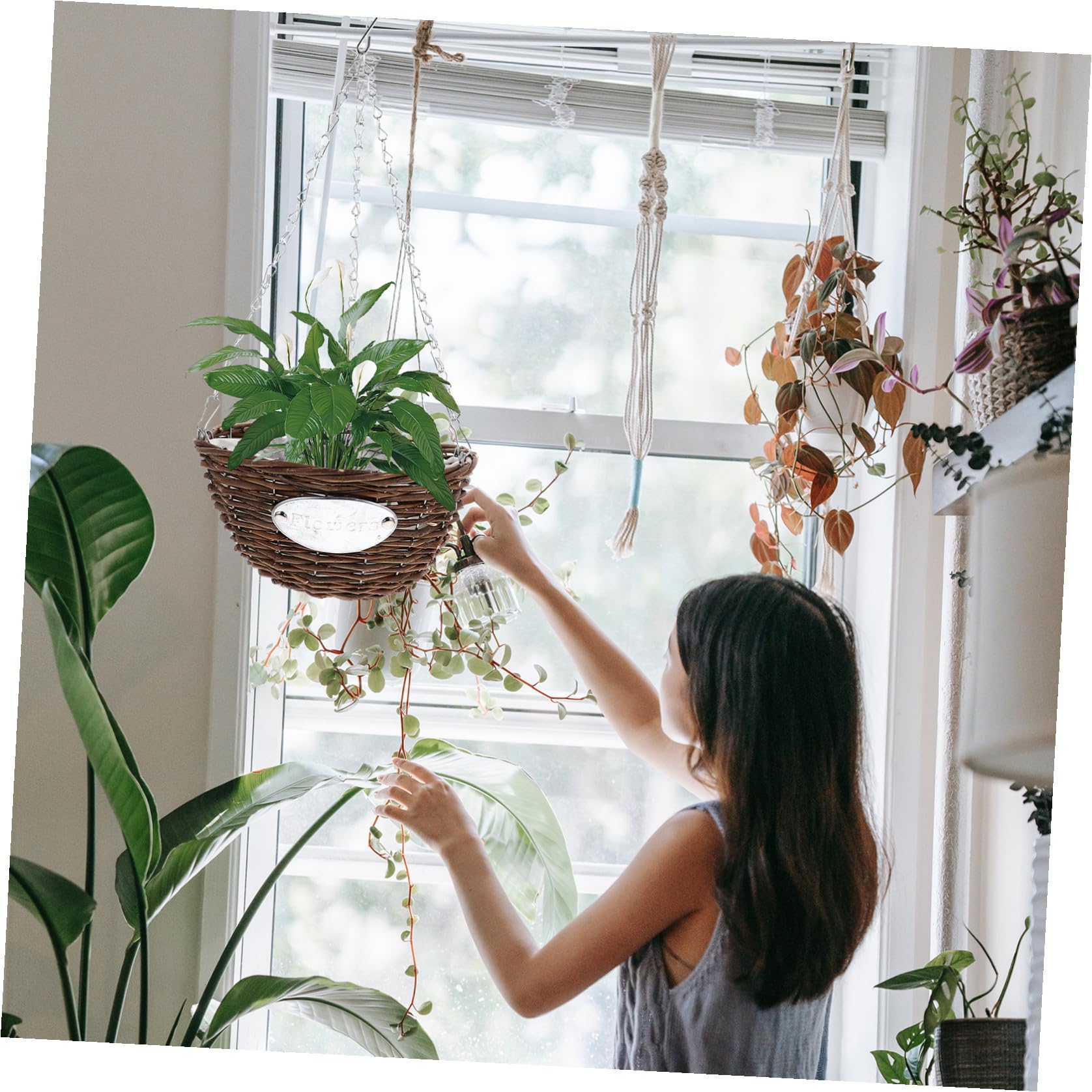 Set 2 Fioriere Sospese in Metallo e Rattan, Vasi Appesi 25 CM per Giardino e Patio, Cesti Medi per Piante da Balcone e Interni