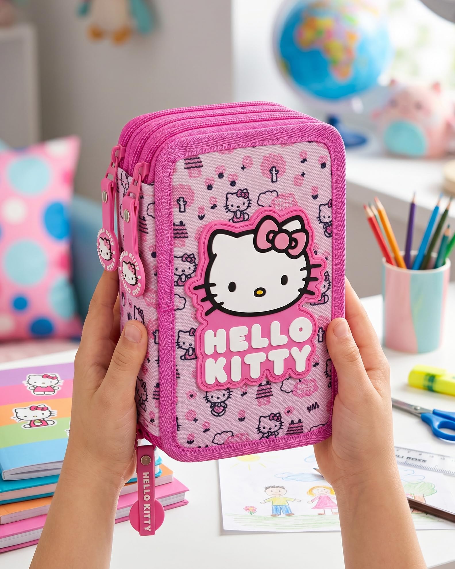 Schulrucksack Set Mädchen Grundschule 6-10 Jahre für Hello Kitty Fan, Rucksack (43x33x15 cm) & 3-Fach Federmäppchen Gefüllt (46 Teile) – Schulranzen Set Ergonomisch