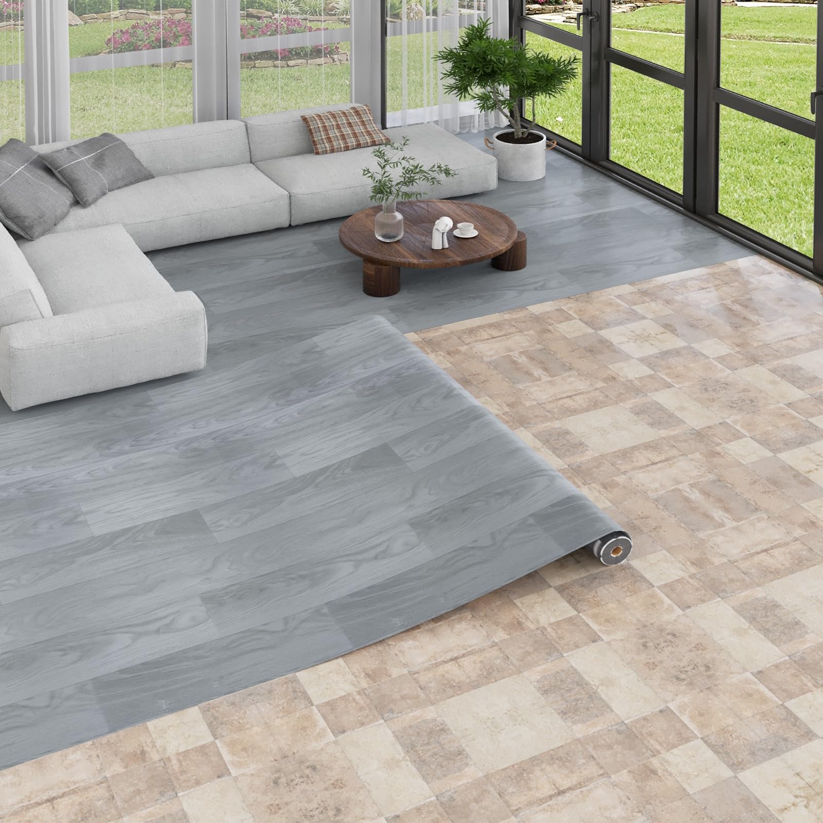 Oxdigi Suelo de PVC Con Aspecto de Madera, Vinilo Para Salón, Cocina, Balcón, Caravana, Trastero - Recortable, Revestimiento Impermeable Gris
