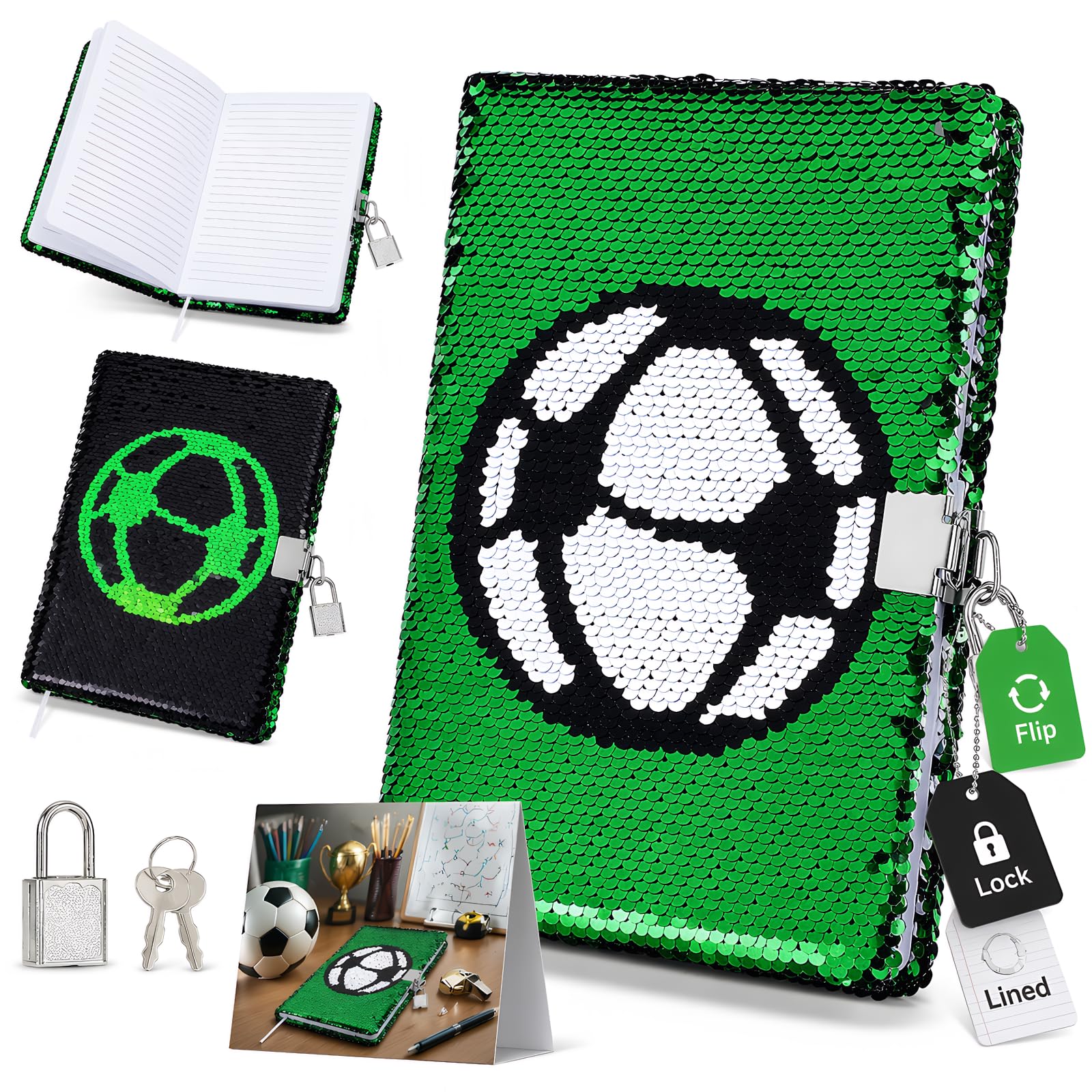CLISPEED Carnet à Paillettes Réversible Football Avec Serrure Et Clé – Journal Secret Pour Enfants – Pages Lignées