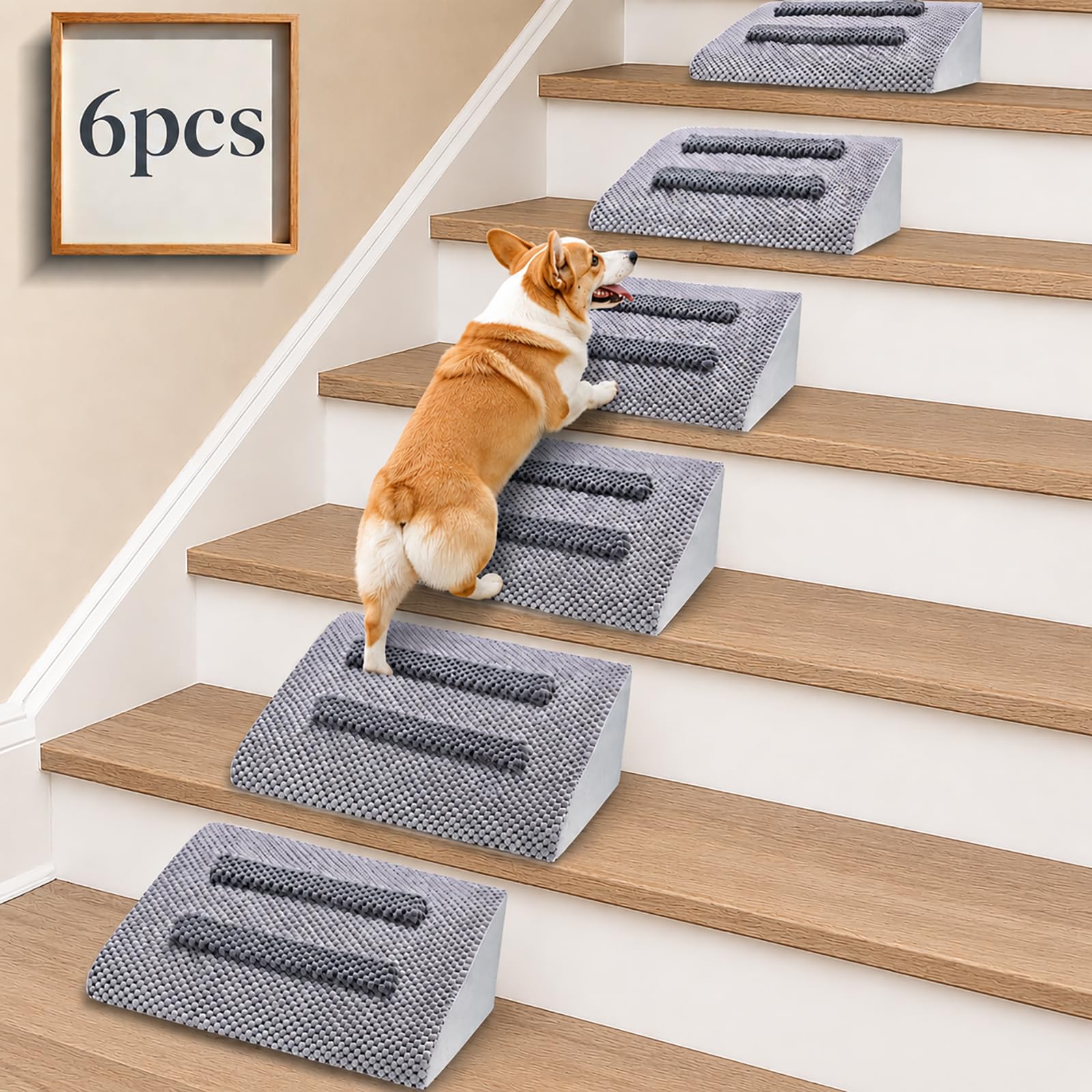 Dog Ramp for Stairs with Anti-Slip Bump for Small Senior Dogs Cats Pets– Stair Wedges for Dogs with Gentle Slope, Pet Ramp with Washable Cover & Self-Sticky Pads for Safe Climbing