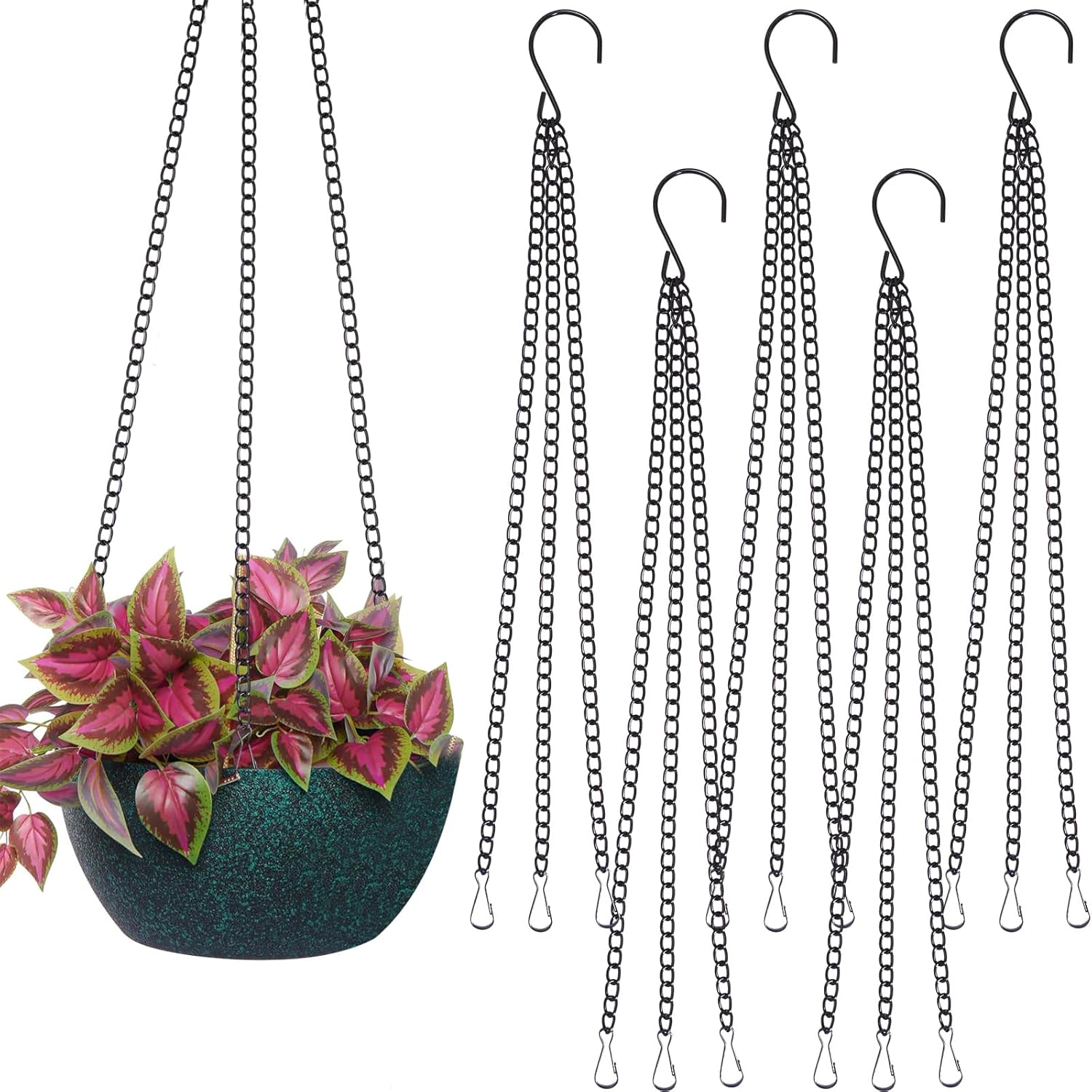 Shuul 5 Pcs Hanging Basket Chains 3 Point 16" Black Heavy Duty Metal