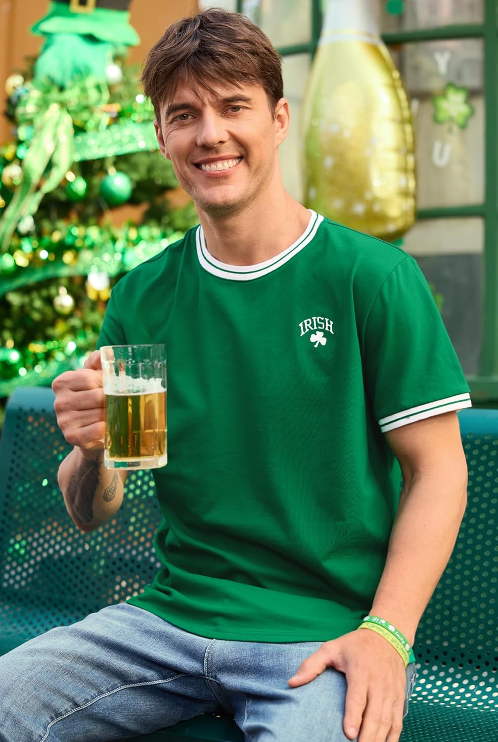 Arvilhill Men‘s St Patrick’s Day Tshirt Embroidered Contrast Collar Crew Neck Irish Clover Shirt (S-3XL) - Image 5