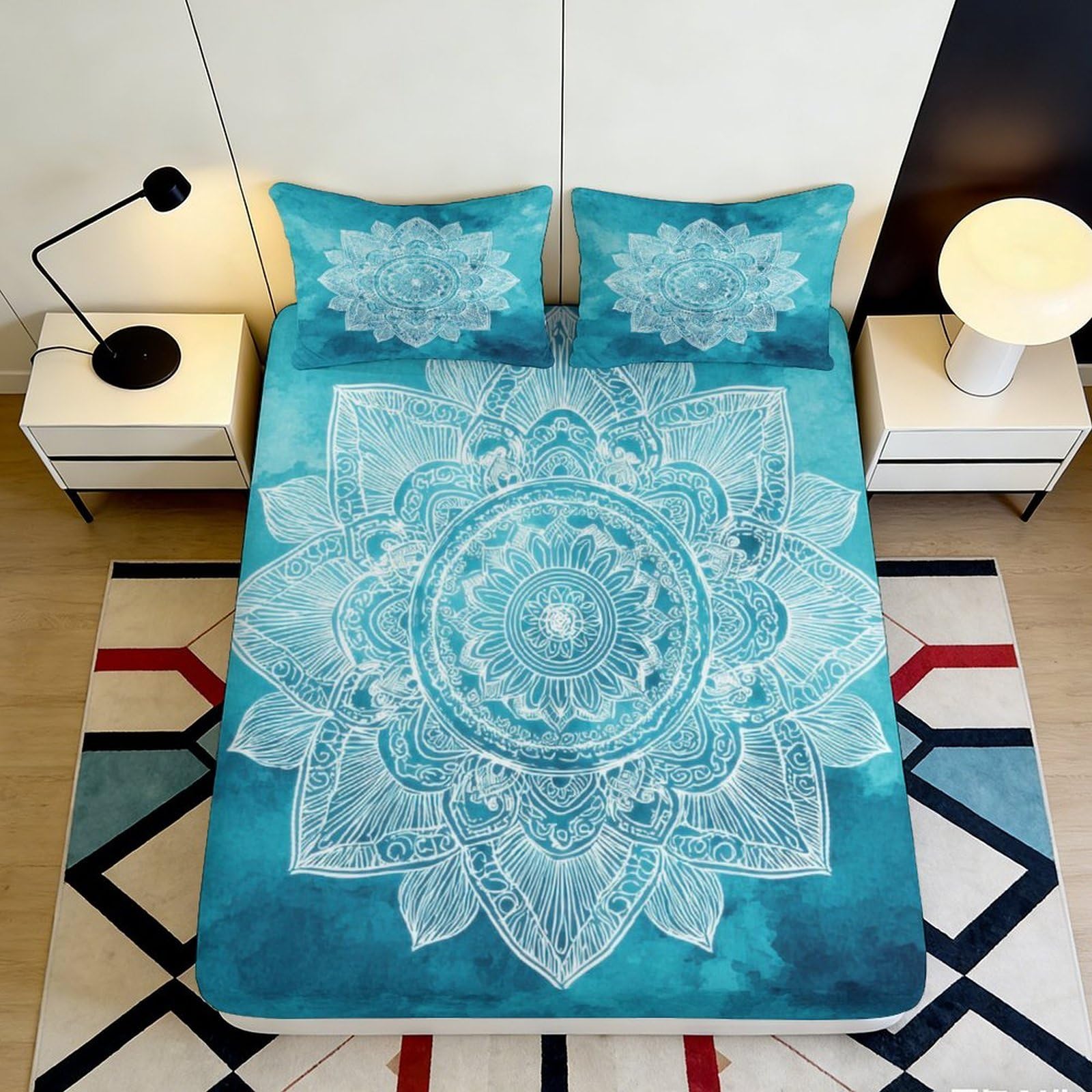Pnayamiorkfel Style-10 3D Printed Mandala Floral Fitted Sheet Microfiber Soft Blue Lotus Mattress Cover For Bedroom Guest Room Decor Easy Care 90X200x25cm