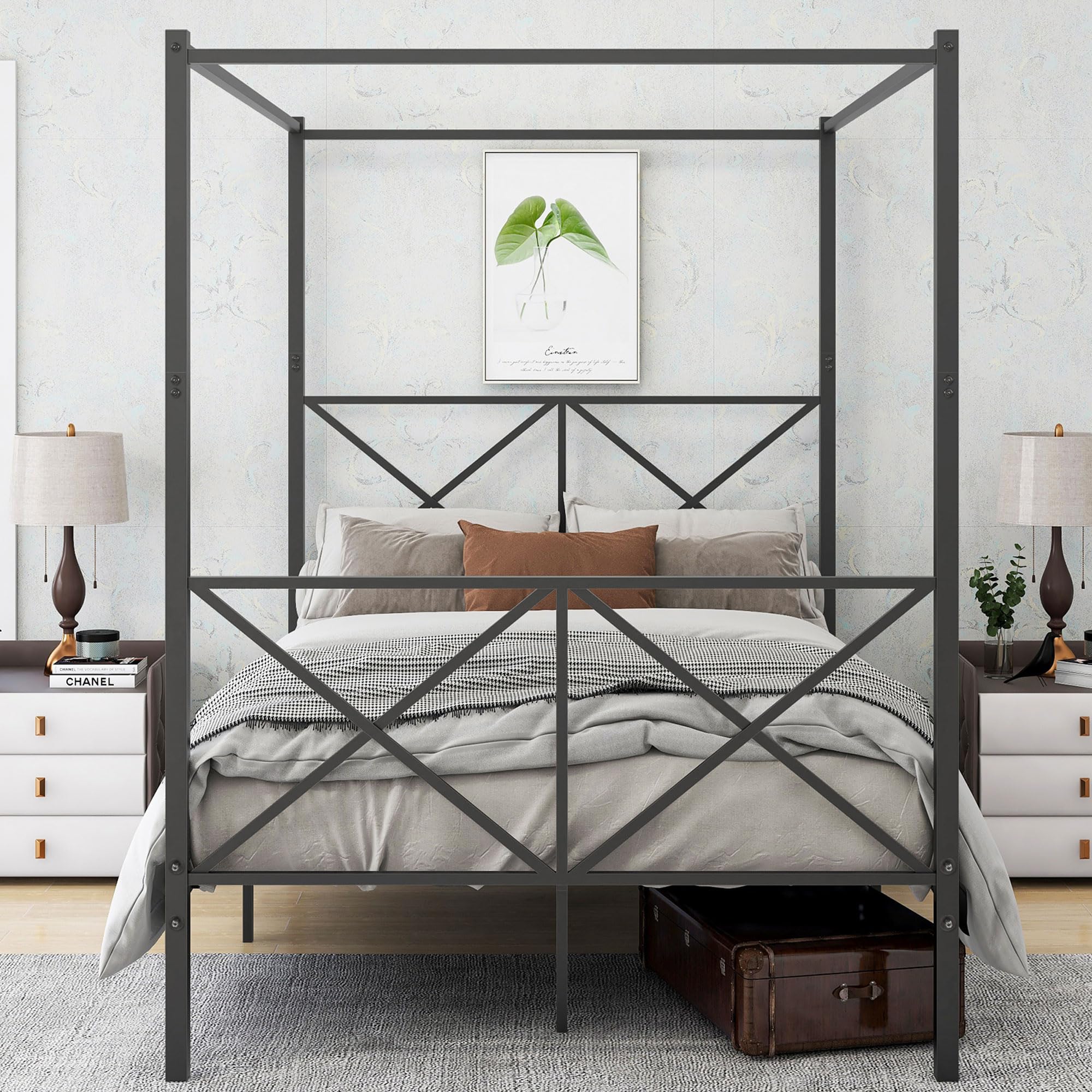 Canopy Bed Frame Full Size, Metal Platform Bed Frame with X Shaped Headboard and Footboard,Detachable Canopy Bed, No Box Spring Needed/Easy Assembly, Black