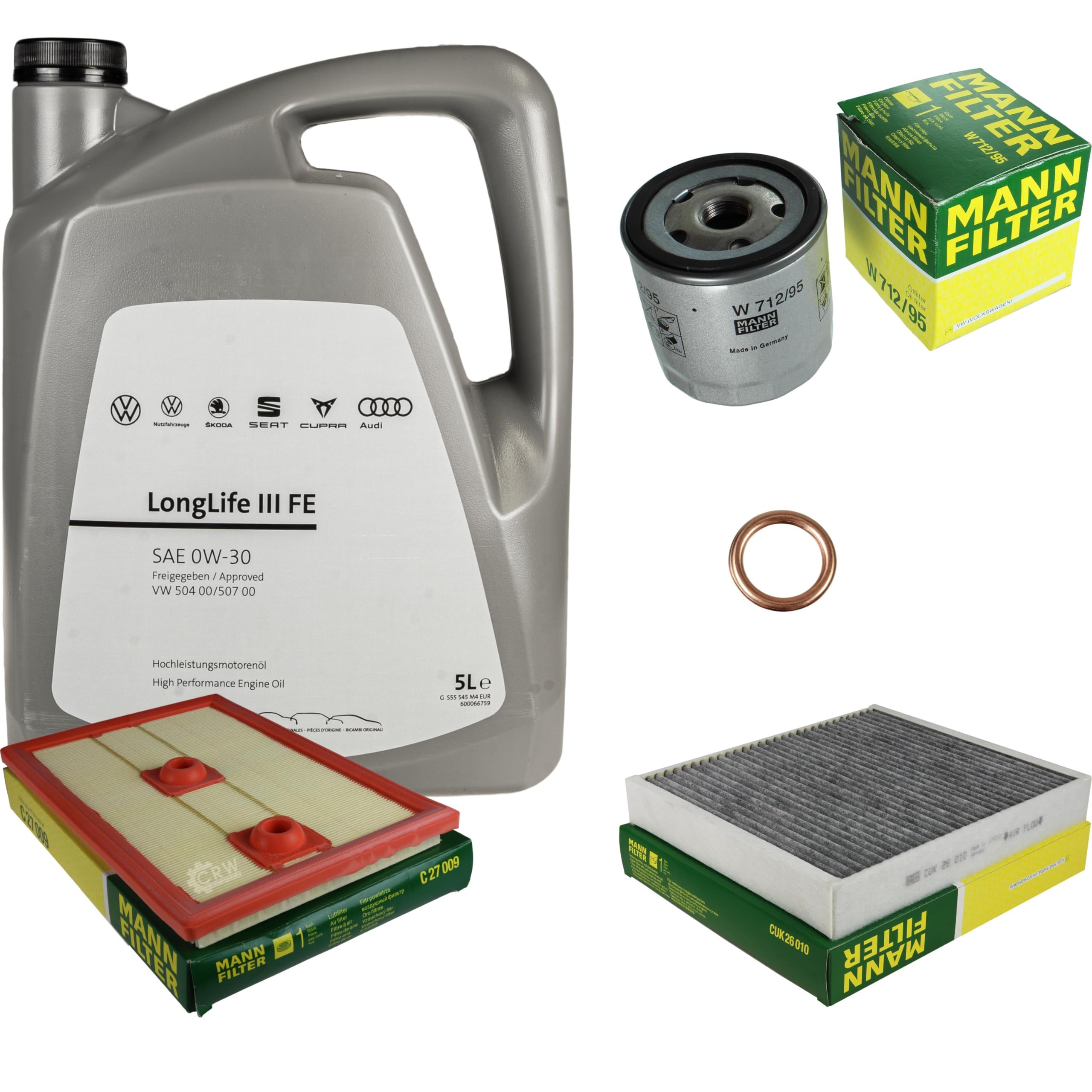 Pacchetto di ispezione pacchetto di manutenzione filtro con 5 l 0W-30 olio motore LongLife 3 FE, filtro dell'olio, filtro dell'aria abitacolo (carbone attivo), anello di tenuta