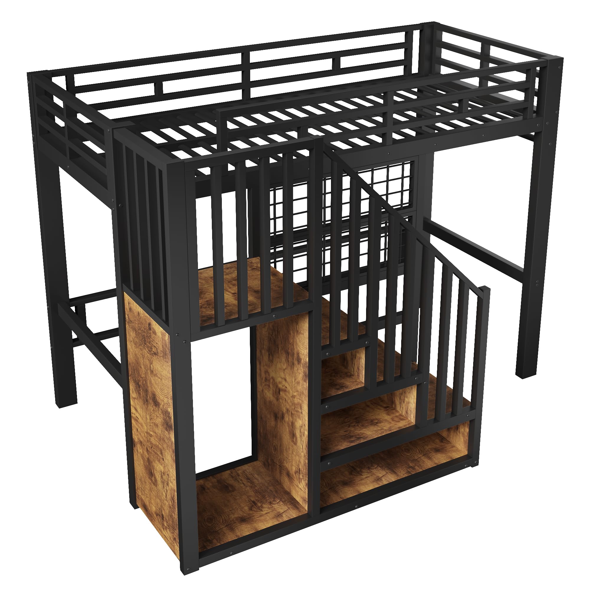 Cama alta de 90 x 200 cm con escalera de almacenamiento, cama de hierro con barandilla, cama alta para niños con luz LED, con proyector, sin colchón, color negro