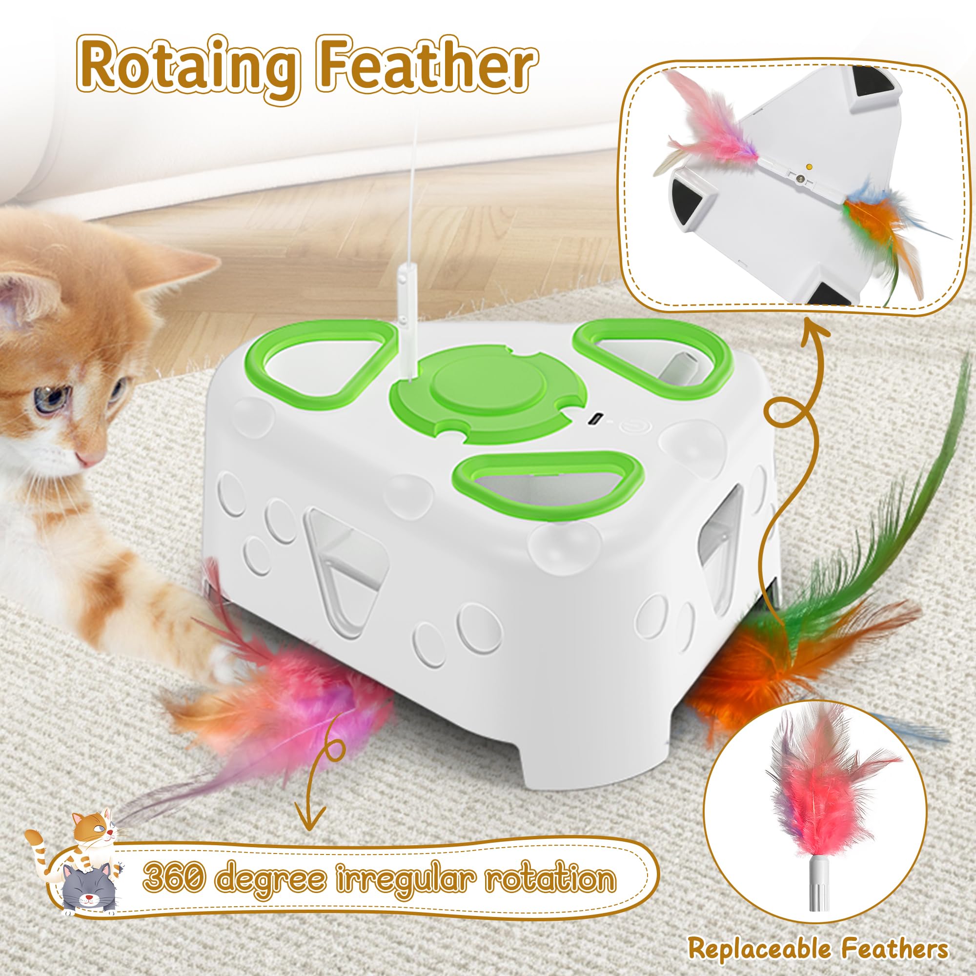 Jouet interactif 3 en 1 pour chat d'intérieur, jouet automatique pour chaton, oiseau volant, taupe à 6 trous, plume rotative, jouet interactif rechargeable USB pour chats d'intérieur ennuyés