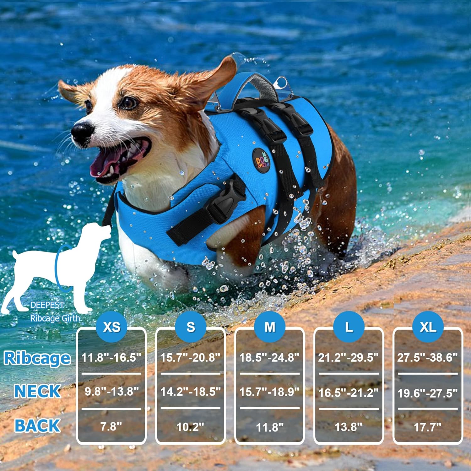 Dogcheer Dog Harness Life Jacket, High Buoyancy Neoprene Dog Life Vest for Swimming Boating, Adjustable Puppy Swim Vest Reflective Pet Float Vest for Small Medium Large Dogs - Blue, XS