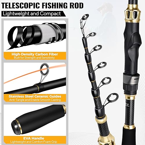 Vista 2 de PLUSINNO Fishing Rod and Reel Combo,Fishing Pole,Telescopic Fishing Rod Kit with Spinning Reel, Telescopic Fishing Pole with Carrier Bag for Kit