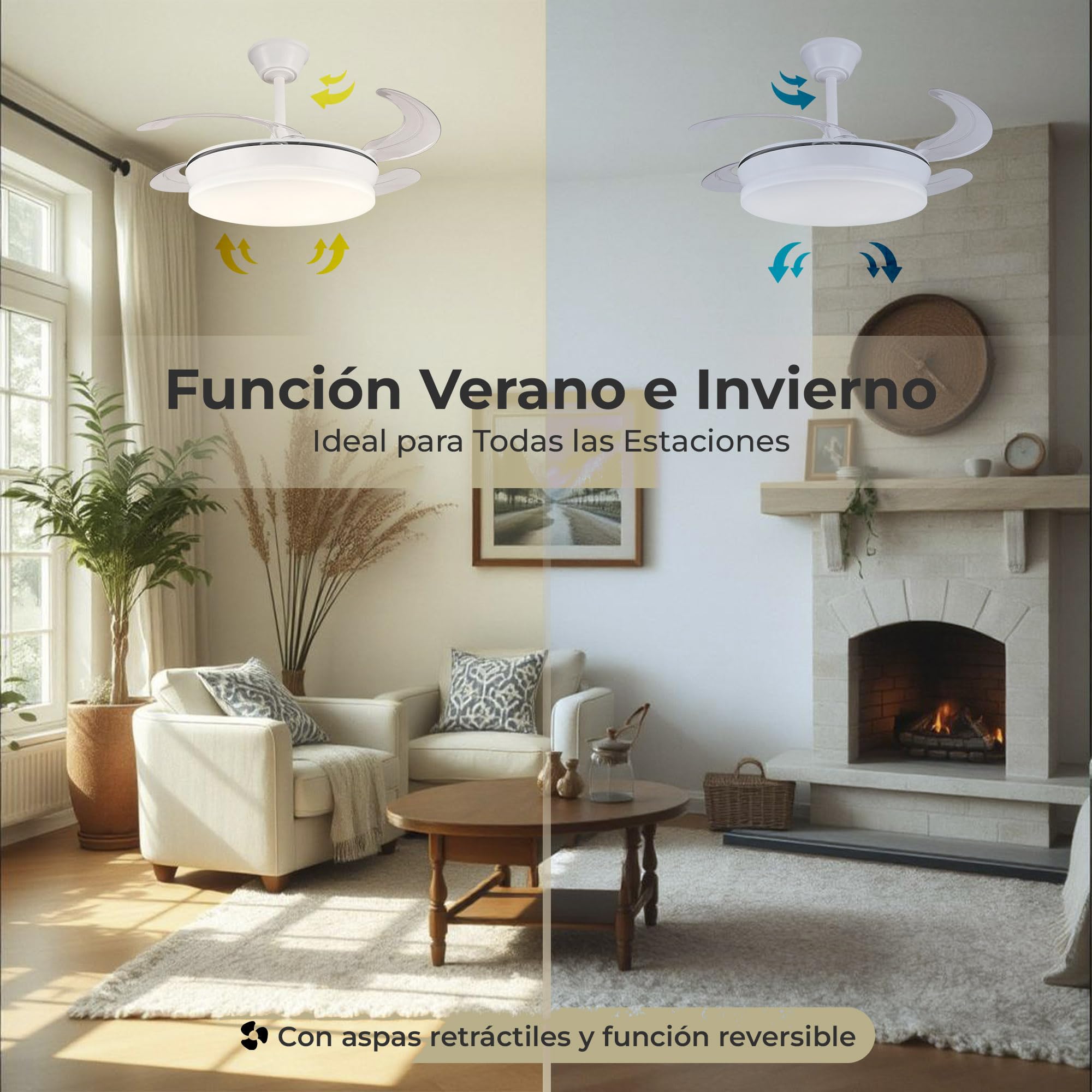 LUMIKING Ventilador de Techo con Luz LED 72W Retráctil y Silencioso - Lámpara con Aspas Plegables, 3 Tonos de Luz (3000-4000-6000K), 6 Velocidades, Memoria, Modo Verano Invierno, Ø108 cm