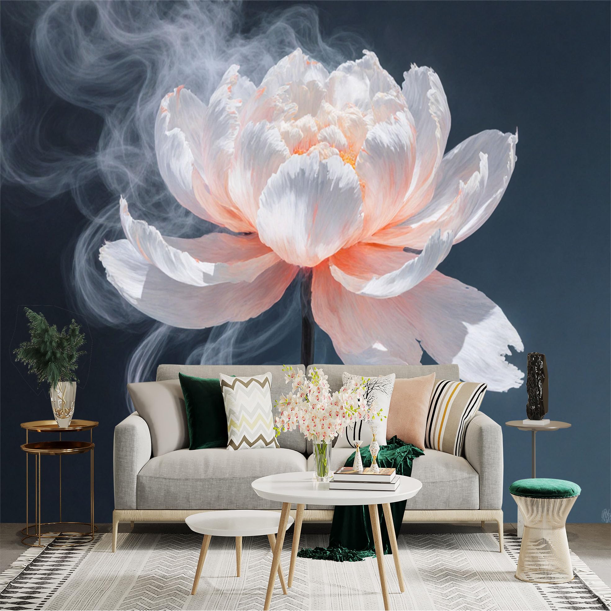 Custom Size Wall Sticker Mural， Elegant White Peony Flower， Ethereal Smoke Effect， Abstract Botanical Art， Minimalist Bloom， for wall Decoration， peelandstick wall Decals.