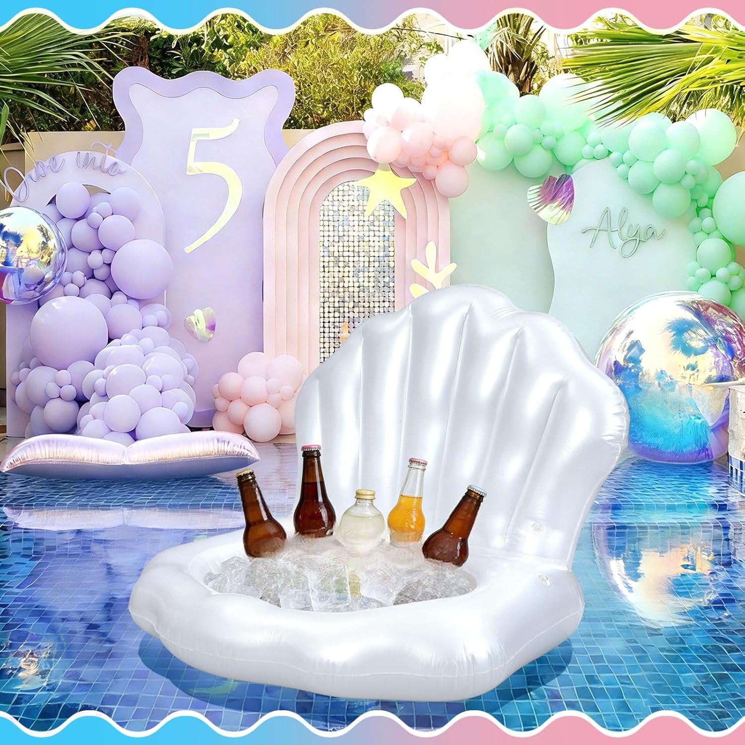 Gemscream Inflatable Seashell Pool Float Cooler, Mermaid Party Decorations, Blow up Shell Float Drink Holder, Under The Sea Theme Party Supplies for Summer Pool Beach Decor