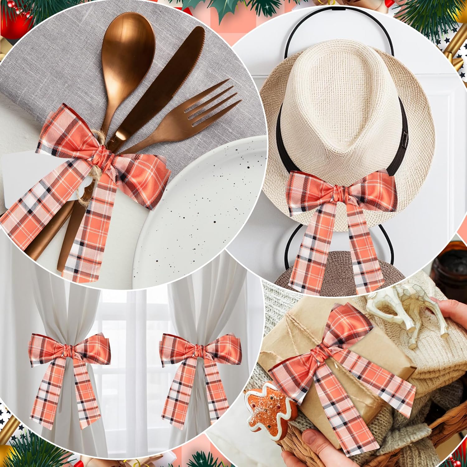 2Pcs Orange Plaid Wreath Sash for Front Door - Blank Satin Sash for Embroidery Monogram - Fall Autumn Accessories for Yard Doorway Outdoor Wall Decor - Image 6