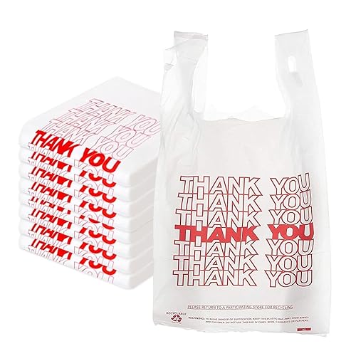 EcoQuality Bolsas de plástico blancas con texto en inglés "Thank You", 1000 unidades, bolsas de compras de 1/8, bolsas de comestibles, bolsas de