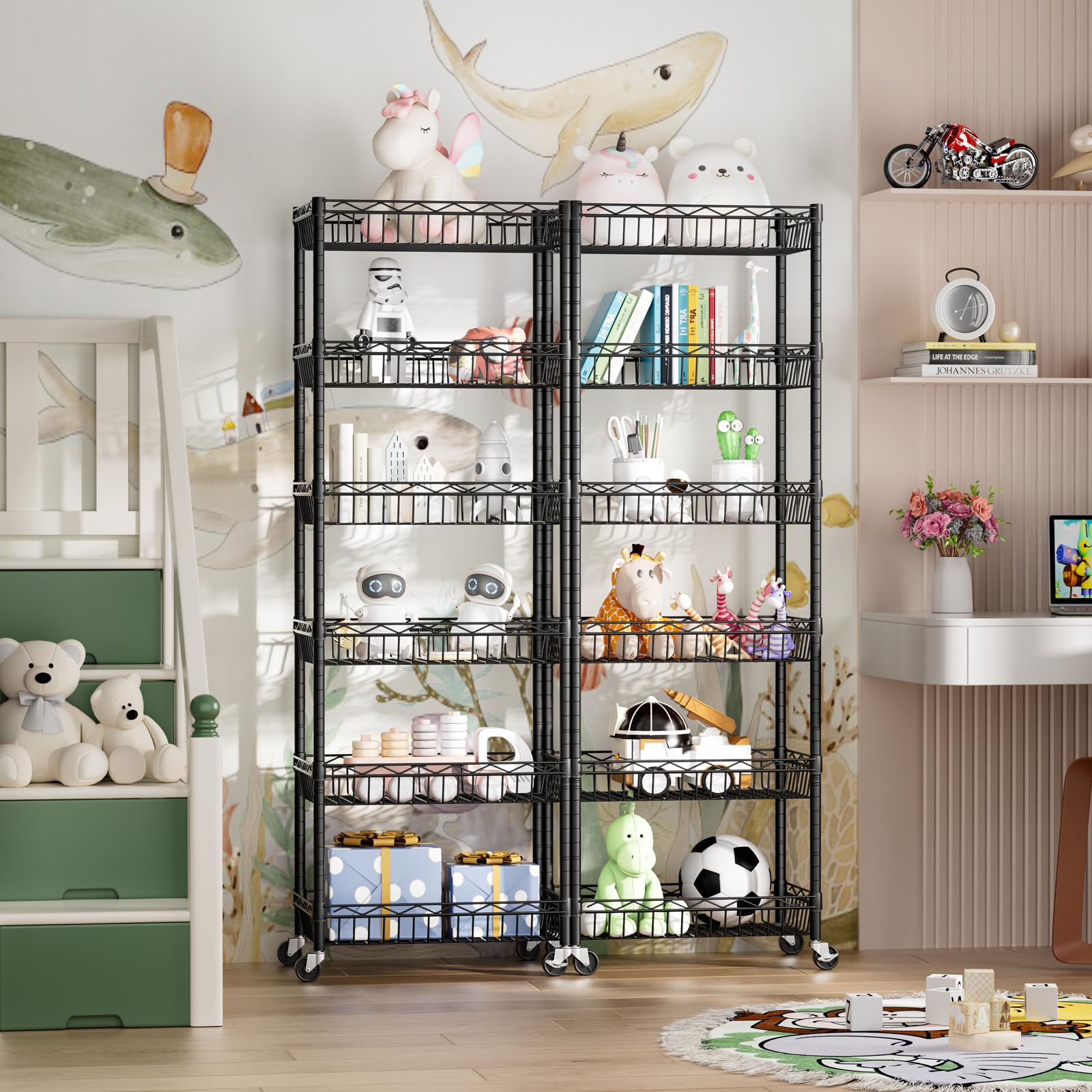 Golpart Korbregal mit 6 Etagen, Drahtregal, verstellbare Aufbewahrungsregale, großer Korb, Regal für Garage, Küche, Büro, Speisekammer, Ecke, 43,7 cm T x 12,2 cm B x 63 cm H, Schwarz