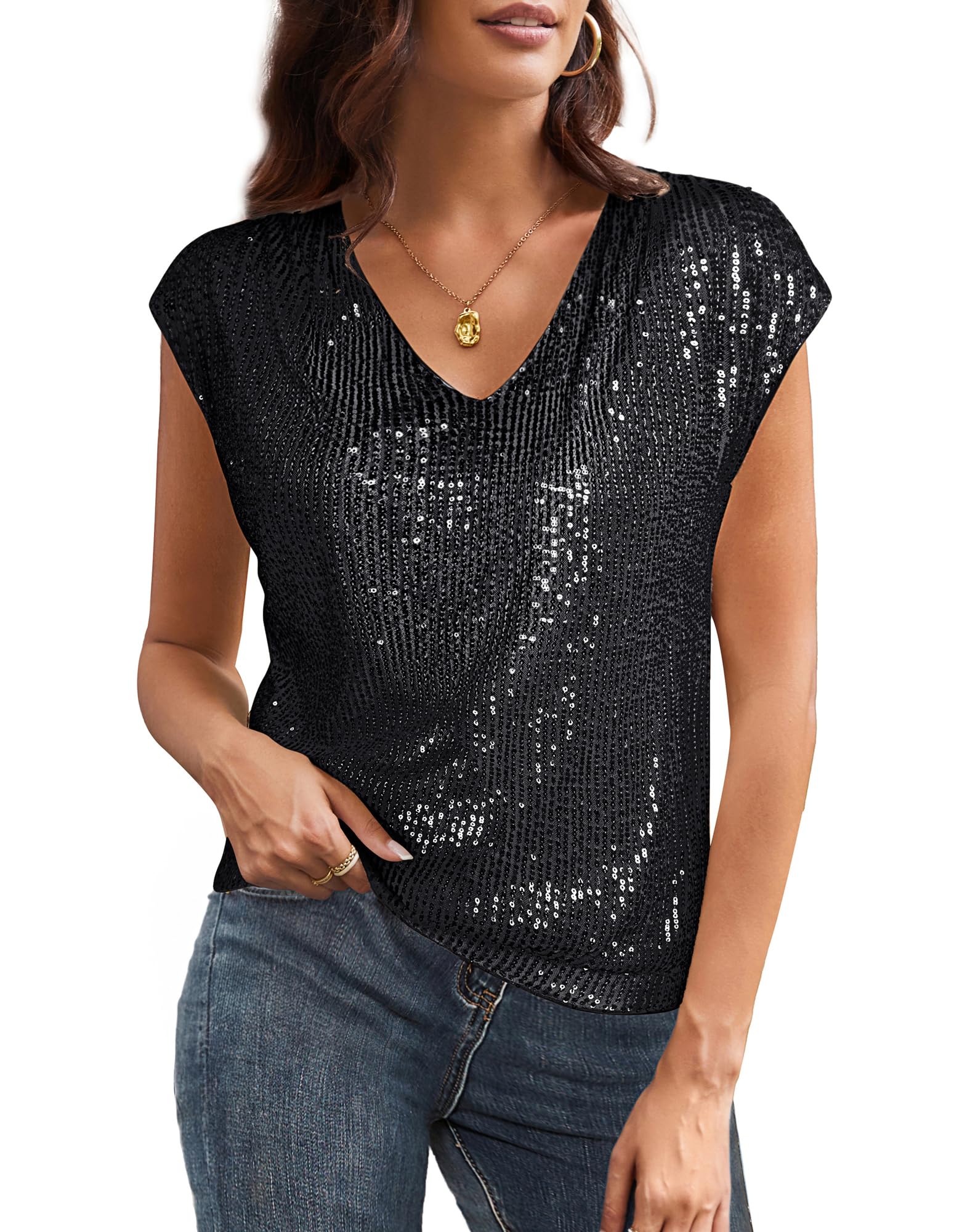 GRACE KARINV Neck Sequin Short Sleeve Tops for Women Elastic Sparkly Tank Top for Party