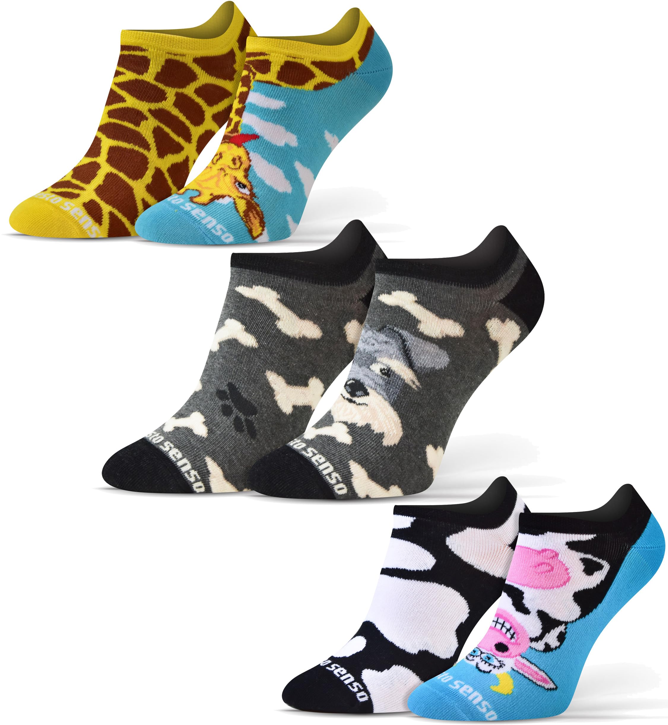 Sesto Senso Funny Ankle Sneaker Low Cut Socks Cotton Colorful Footies Women Men 1-3 pairs Oddsocks 11-14/43-46 Dog Giraffe Cow 3 Animals