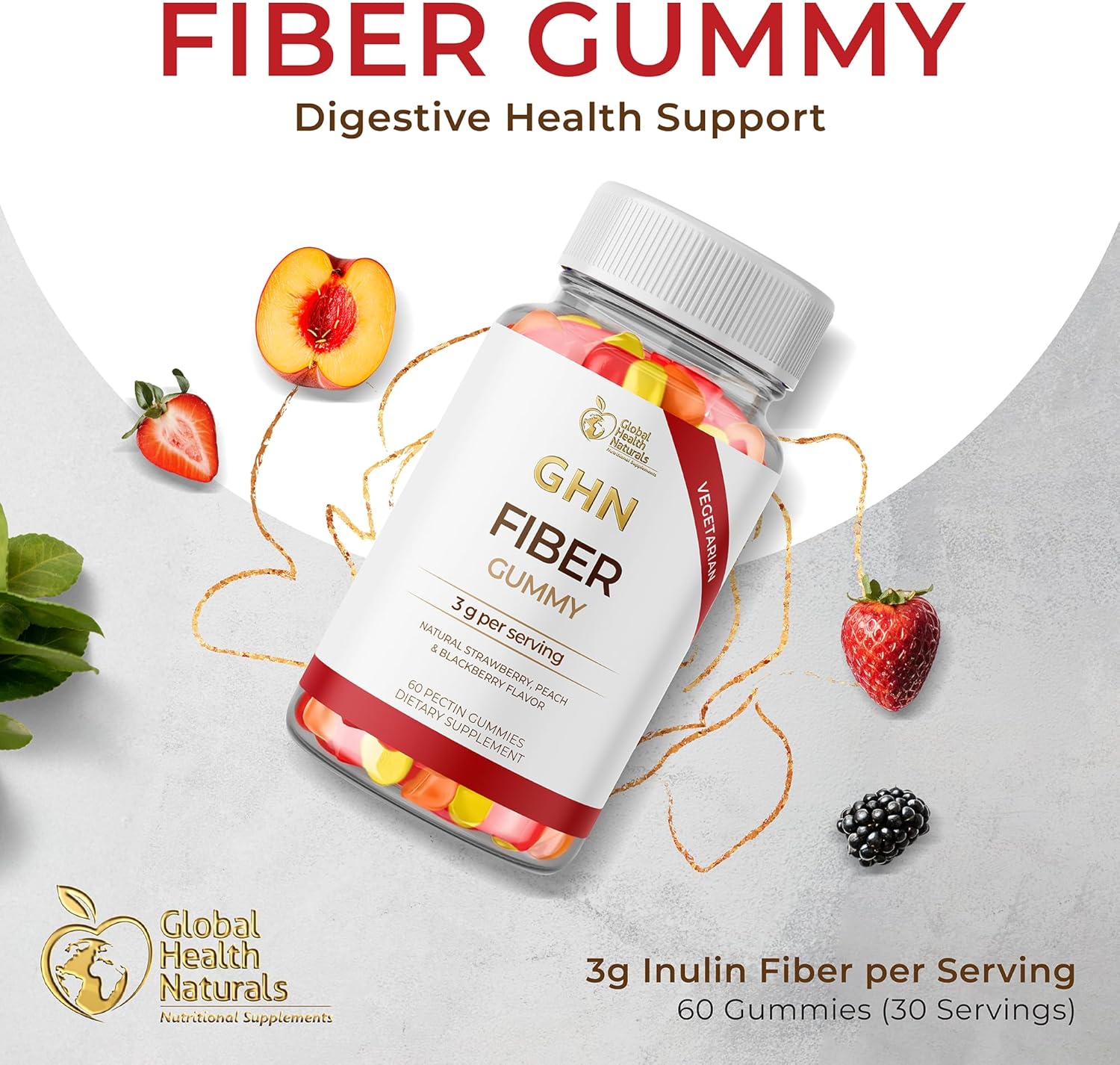 Vegan Fiber Gummies for Adults – 3g Prebiotic Fiber from Inulin per Serving – Natural Strawberry, Peach & Blackberry Flavors – Non-GMO, Gluten-Free, Gelatin-Free – 30 Servings